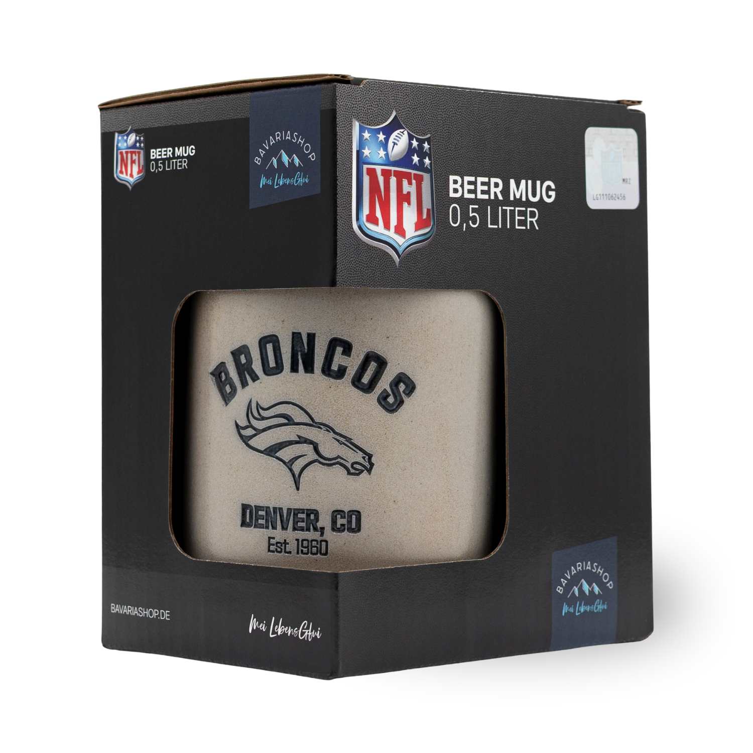 Der ®NFL PREMIUM Teamkrug Denver Broncos in seiner schwarzen Geschenkbox, perfekt für Fans.