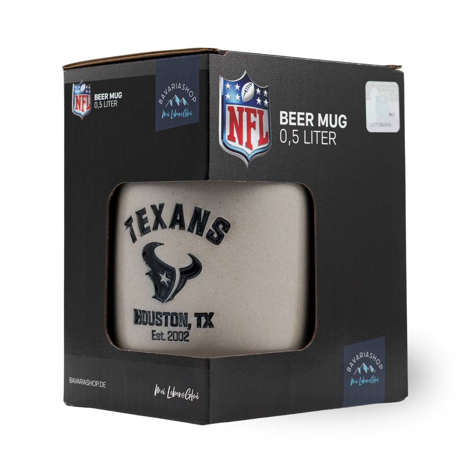 NFL PREMIUM Teamkrug Houston Texans in Kartonverpackung, grauer Bierkrug mit Texans-Logo und Schriftzug