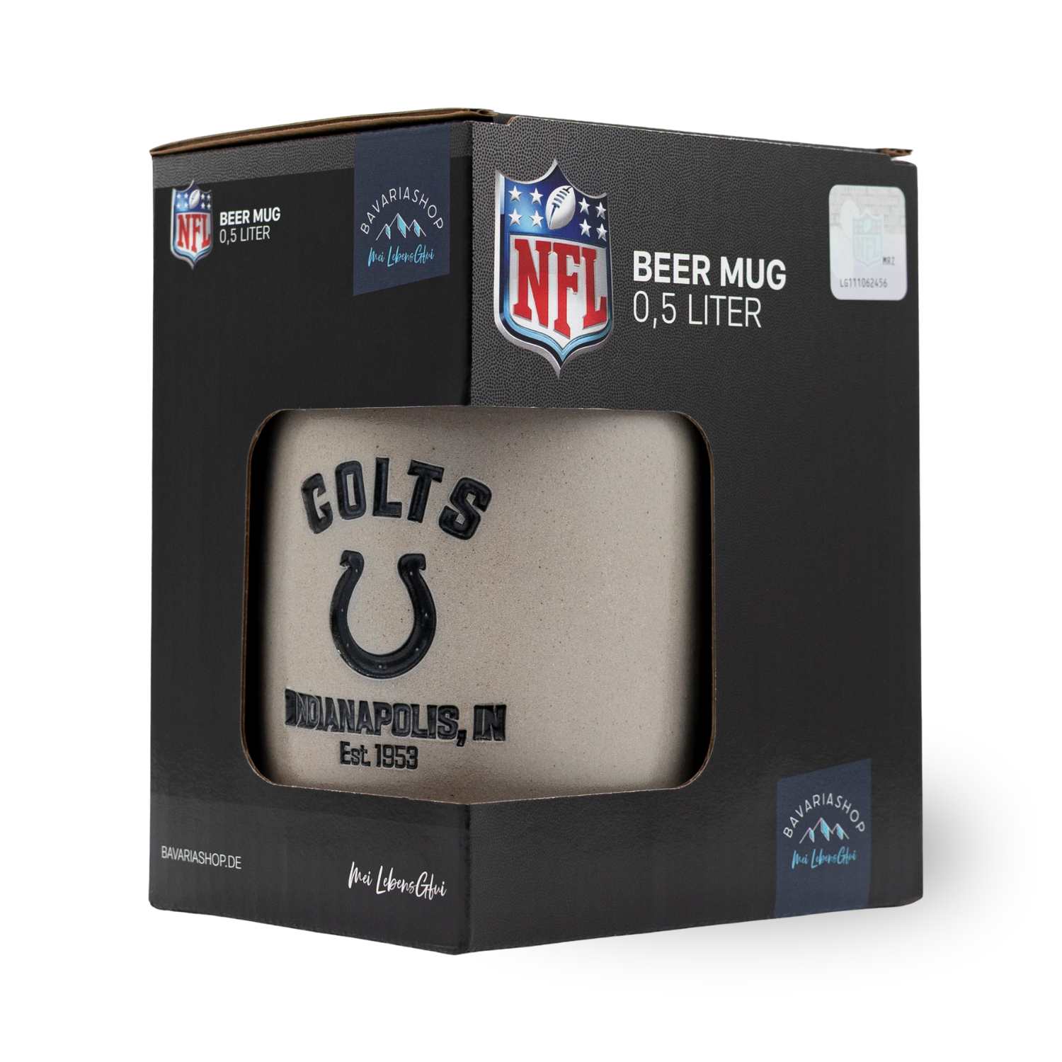 NFL PREMIUM Teamkrug Indianapolis Colts, verpackt in schwarzem Karton mit Logo und Schriftzug Colts