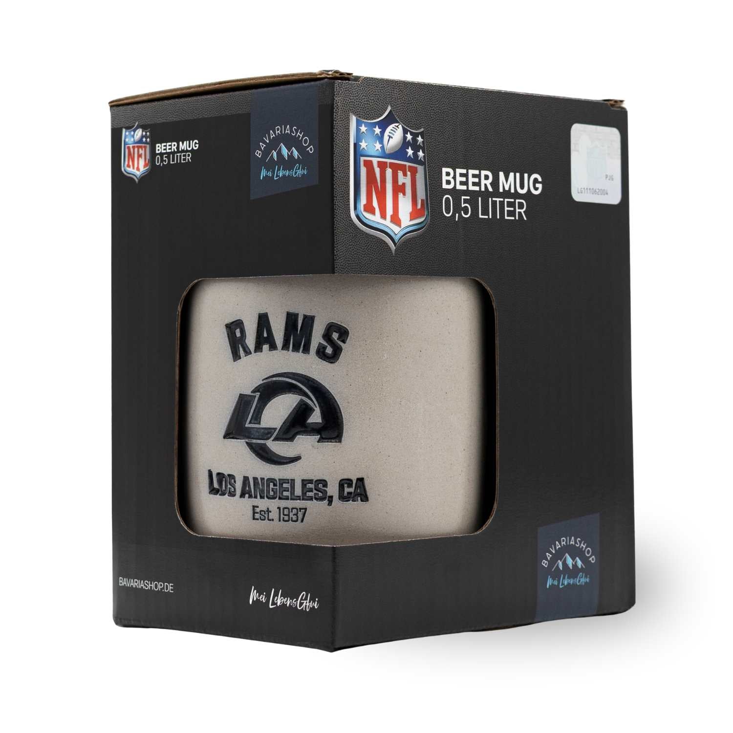 NFL PREMIUM Teamkrug Los Angeles Rams im Karton, graue Keramik mit schwarzem Rams Logo.