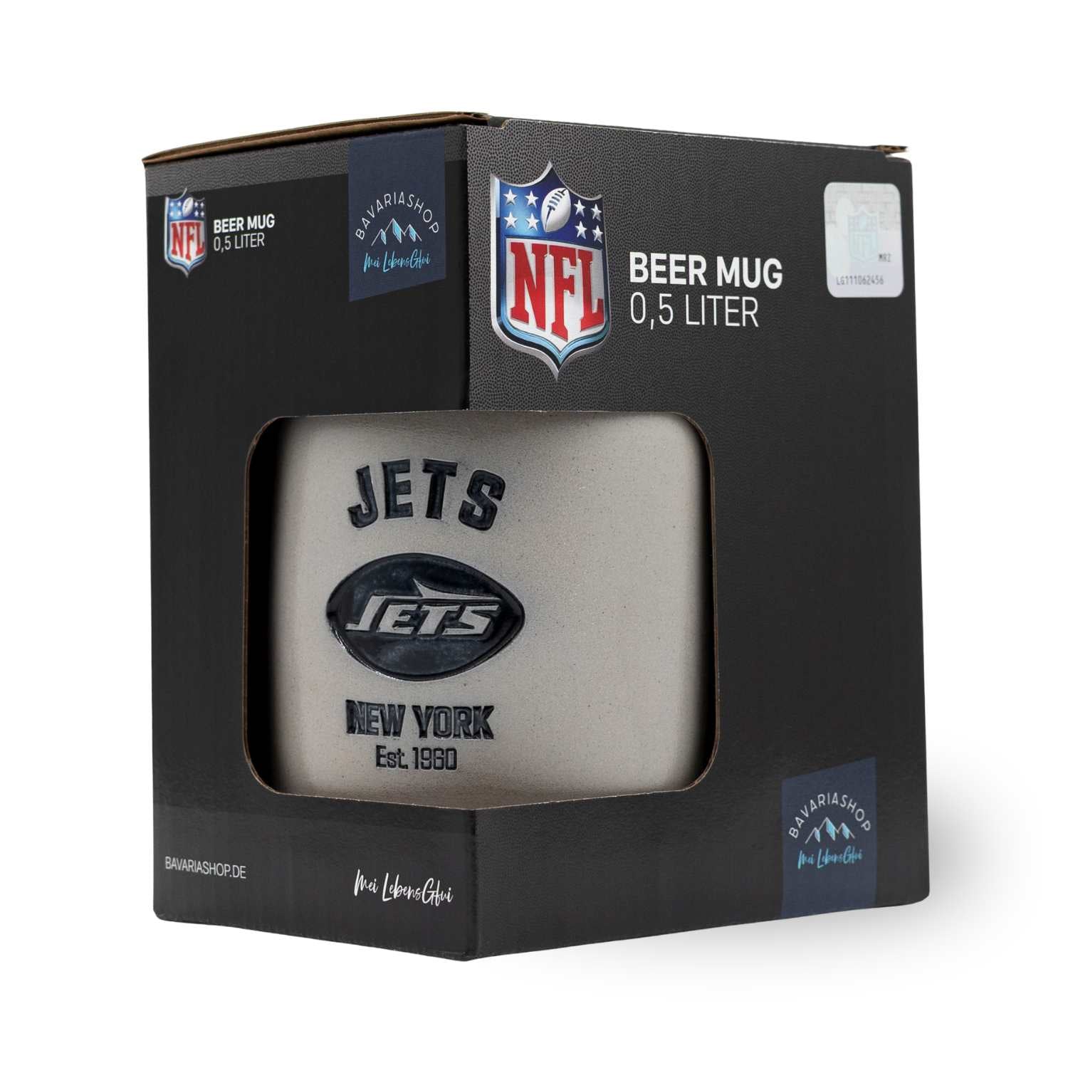 NFL PREMIUM Teamkrug New York Jets in Originalverpackung, grauer Bierkrug mit Jets-Logo.