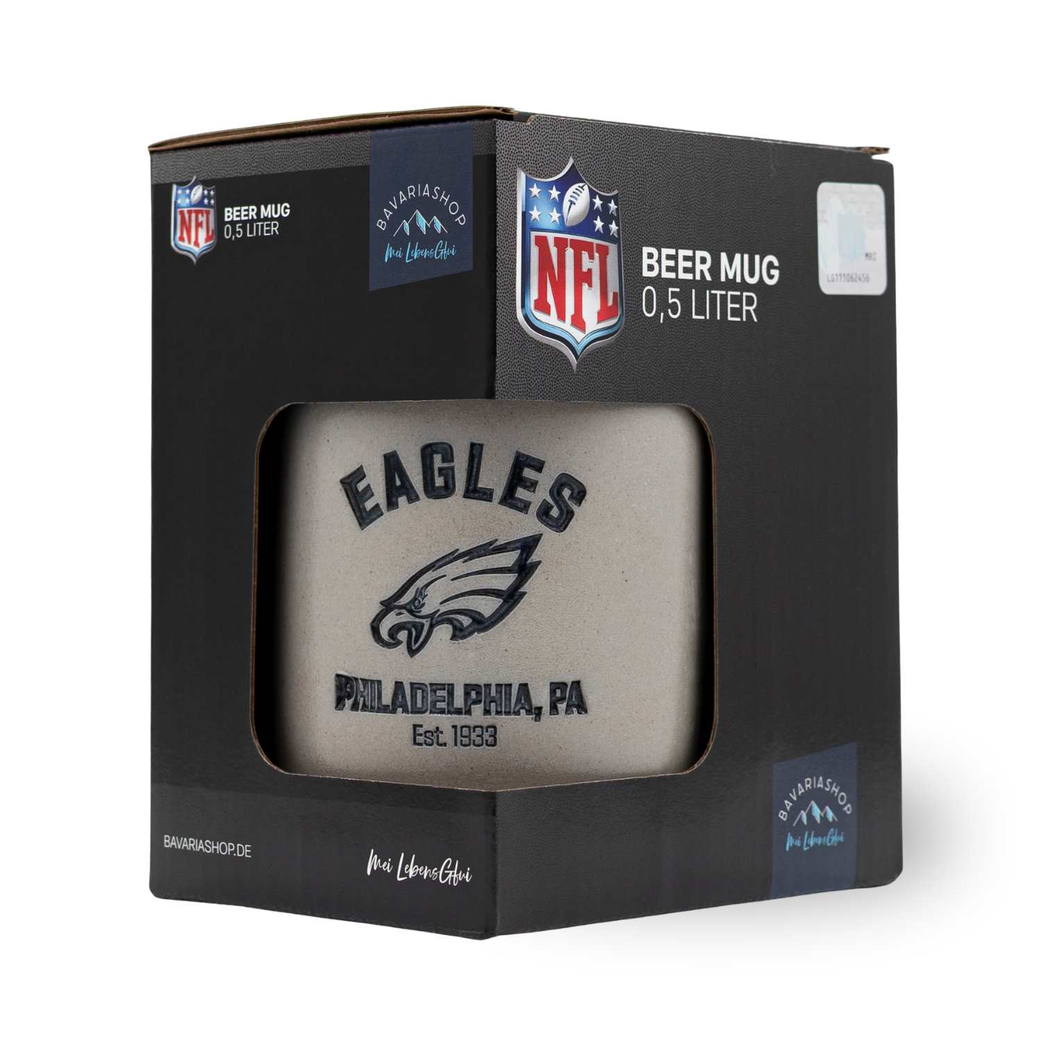 NFL PREMIUM Teamkrug Philadelphia Eagles 0,5 Liter in transparenter Verpackung mit Eagles-Logo und Schriftzug.