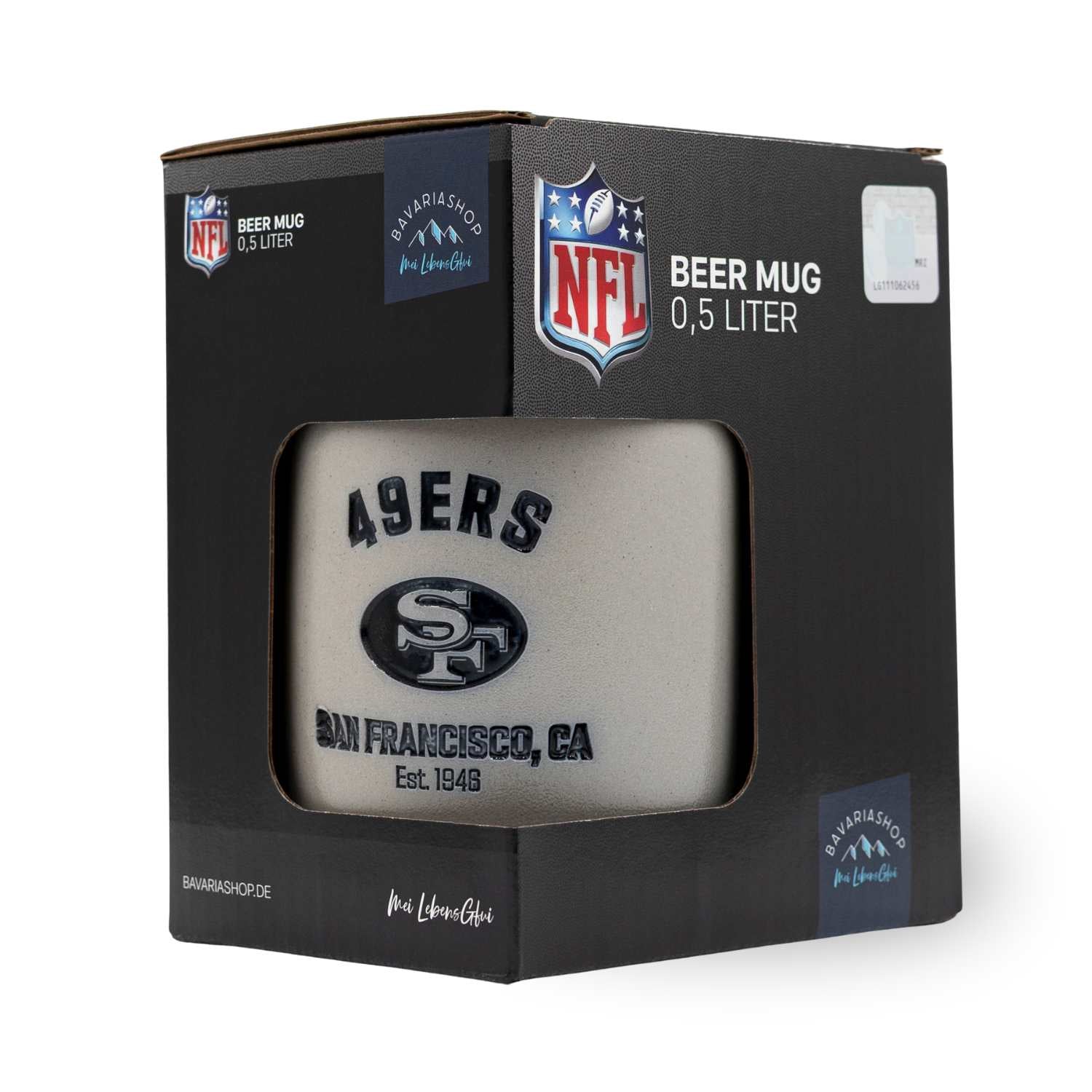 NFL PREMIUM Teamkrug San Francisco 49ers in schwarzer Verpackung, grau mit 49ers Logo und Schriftzug.