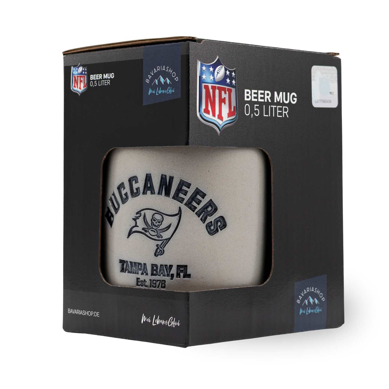 NFL PREMIUM Teamkrug Tampa Bay Buccaneers im Karton, grauer Bierkrug mit Logo und Schriftzug, 0,5 Liter Football Fanartikel.