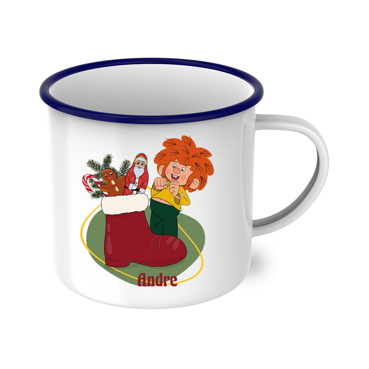 Pumuckl Emaille-Tasse Nikolaus, personalisierbar, mit Pumuckl und gefülltem roten Stiefel auf weißem Grund.