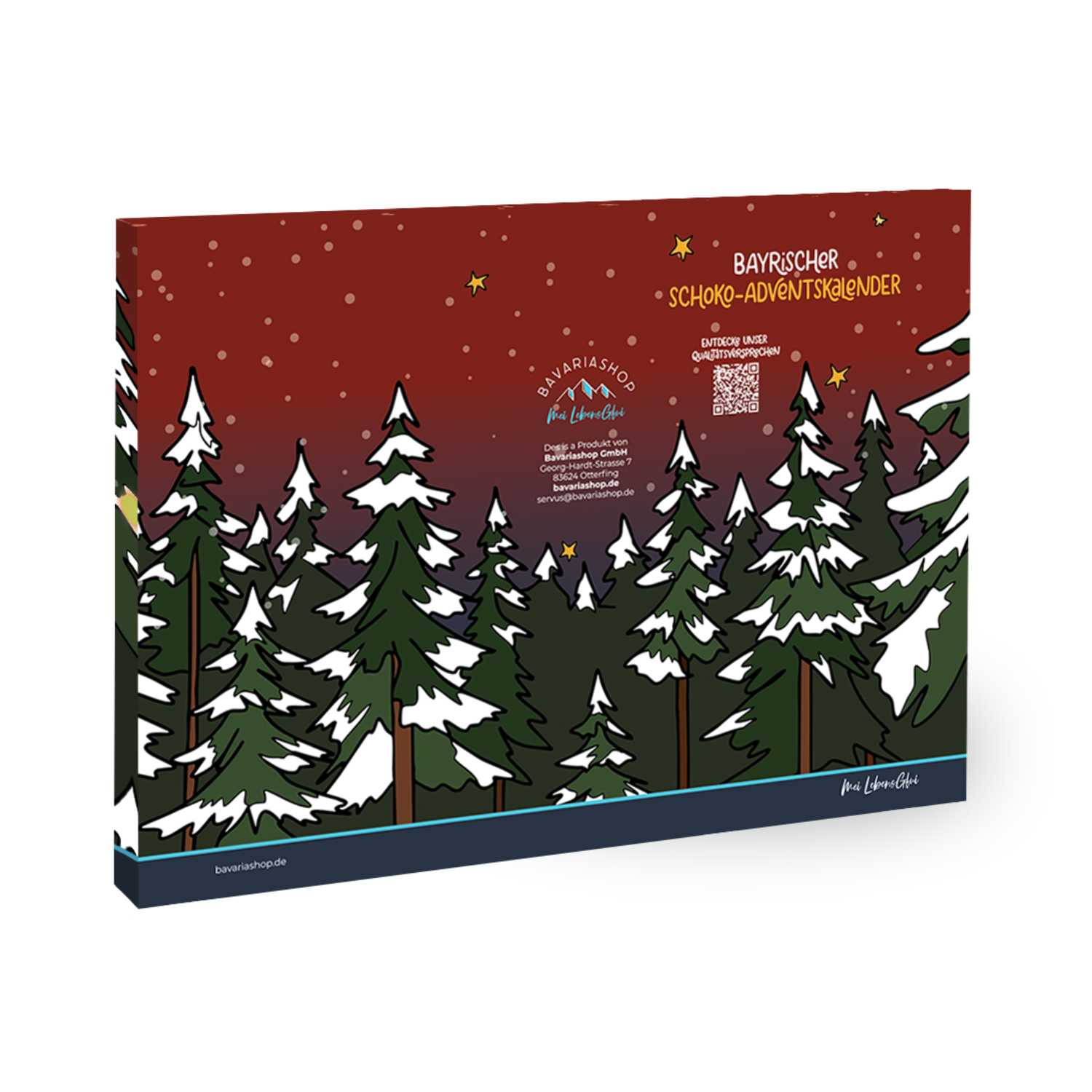 Bayrischer Schoko-Adventskalender "Märchenwald" mit Winterlandschaft und schneebedeckten Tannen.