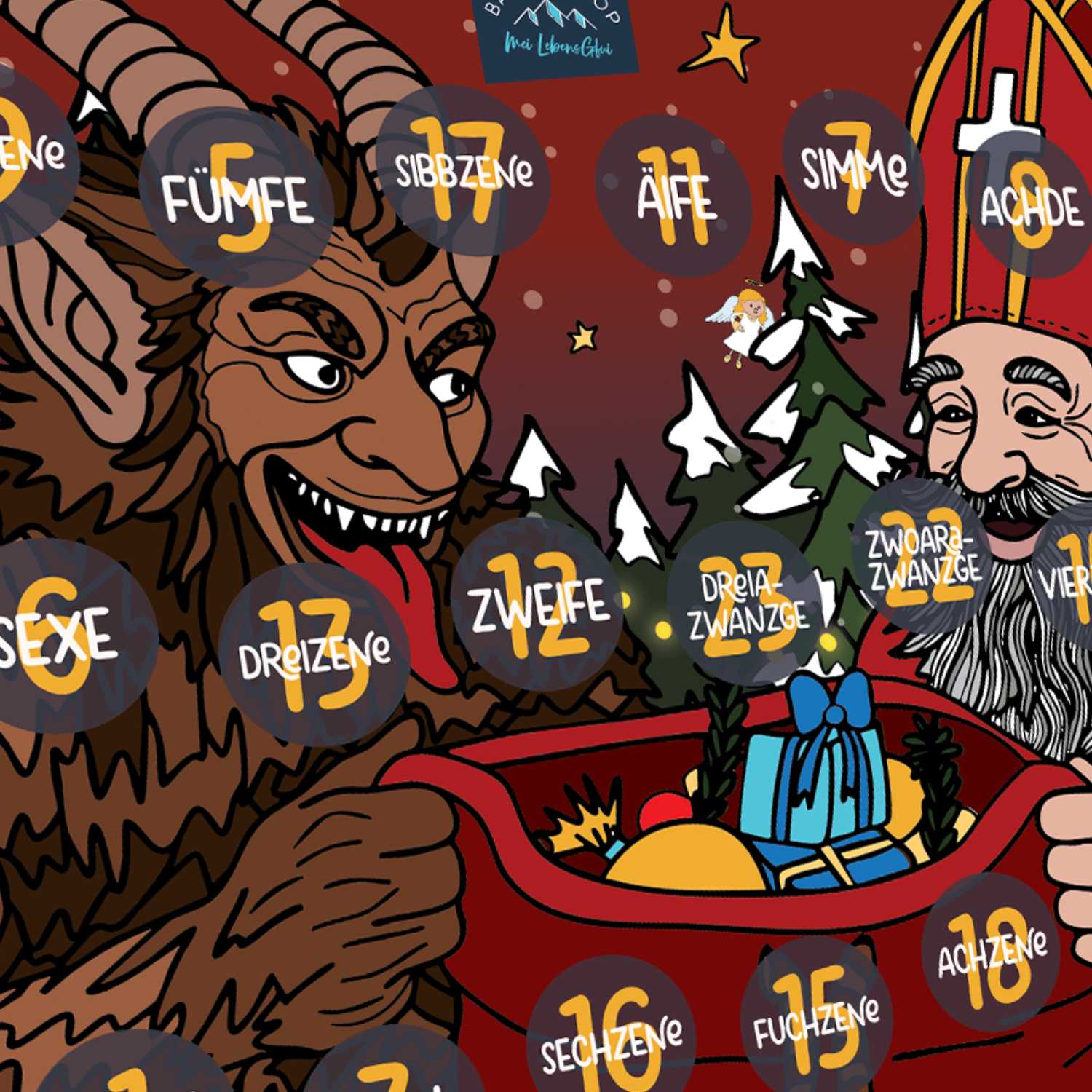 Bayrischer Schoko-Adventskalender "Märchenwald" mit Krampus, Nikolaus und nummerierten Türchen auf rotem Hintergrund.