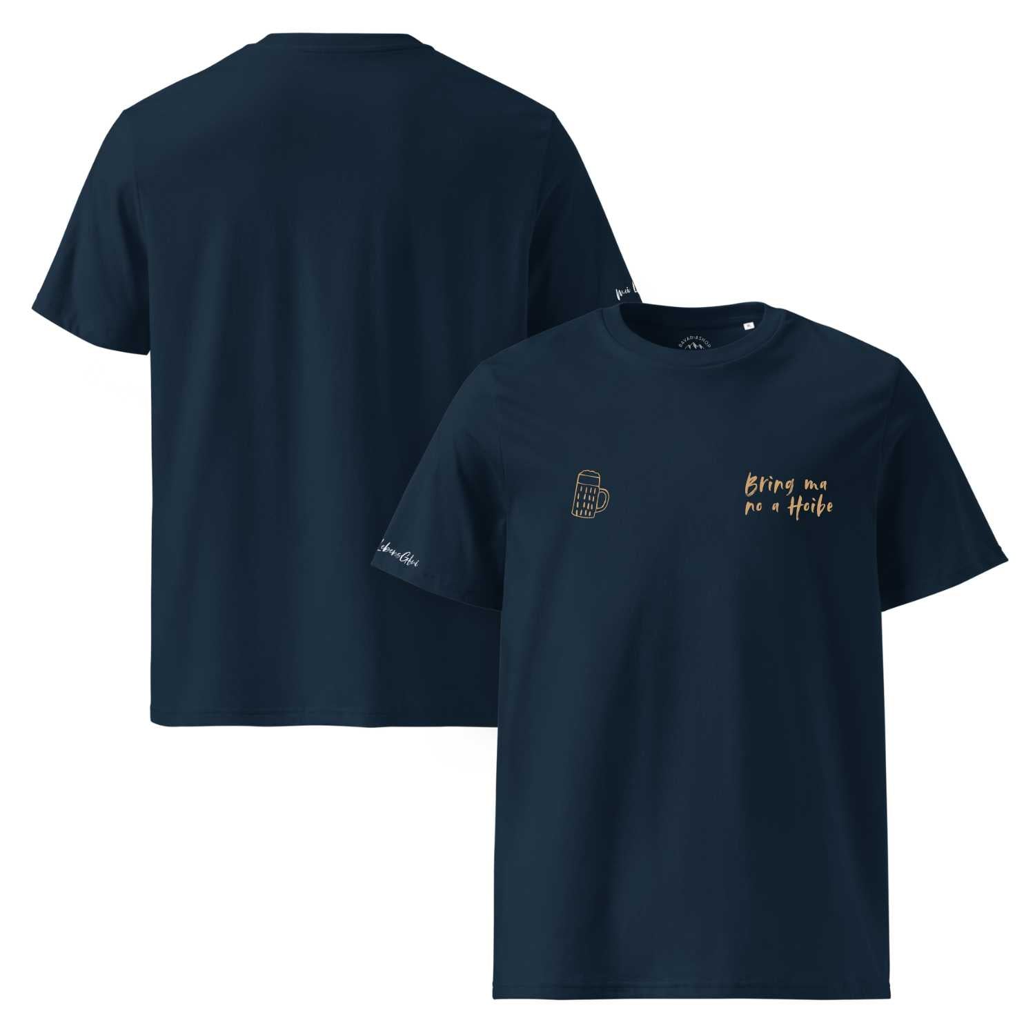Herren T-Shirt Bring ma no a Hoibe in Dunkelblau mit goldener Bierkrug-Illustration und Schriftzug auf der Brust.