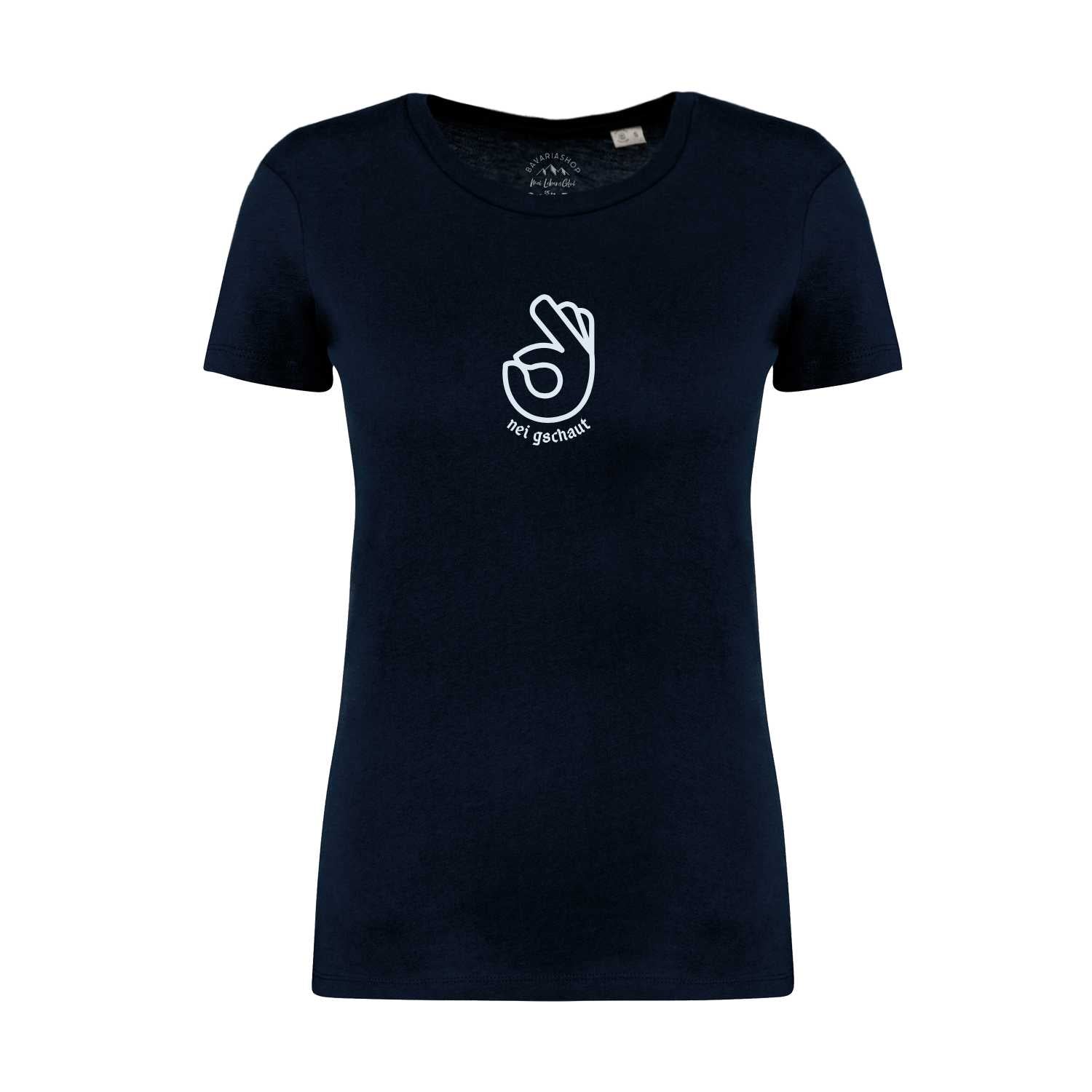 Damen T-Shirt Nei Gschaut in Dunkelblau mit weißem "OK"-Handzeichen als Aufdruck und Text.