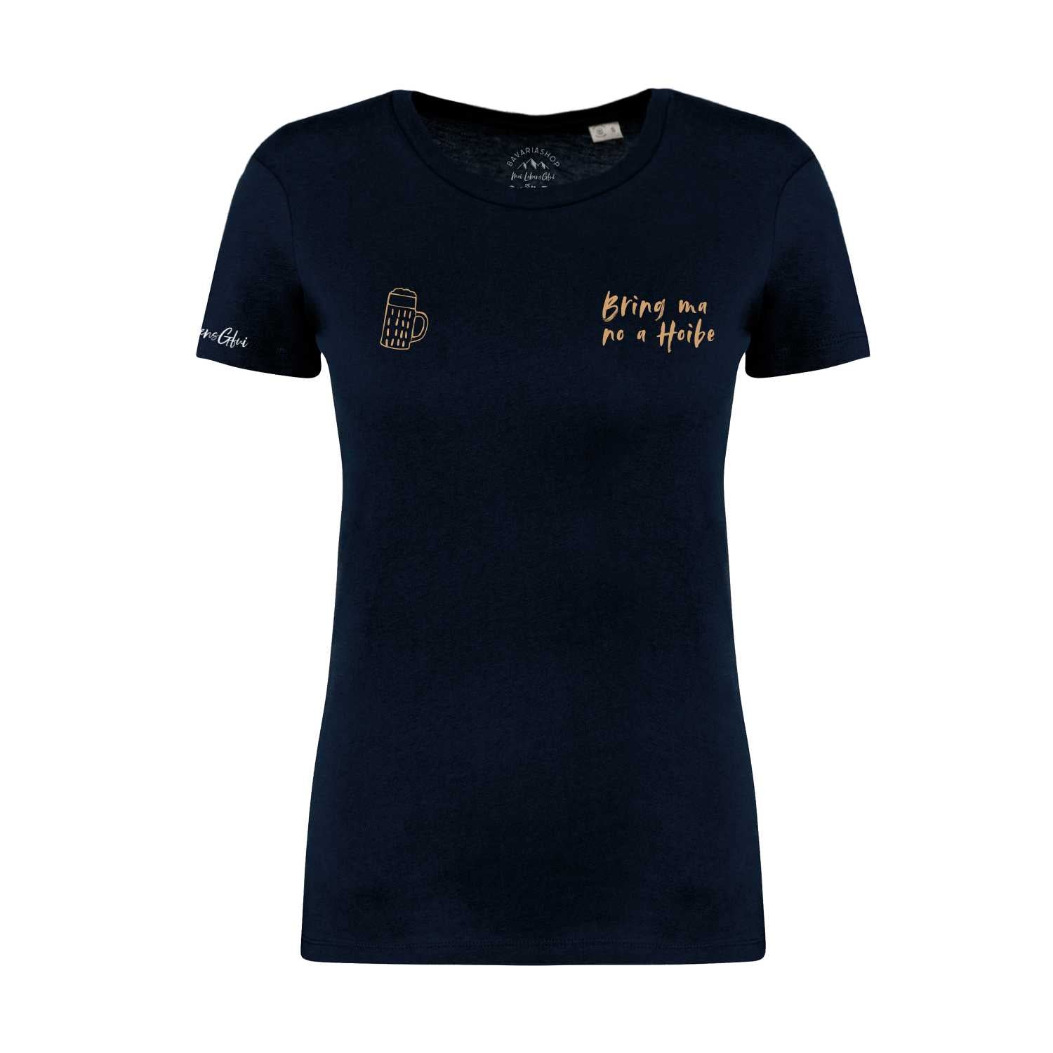 Dunkelblaues Damen T-Shirt "Bring ma no a Hoibe" mit goldener Bierkrug-Stickerei und Schriftzug.