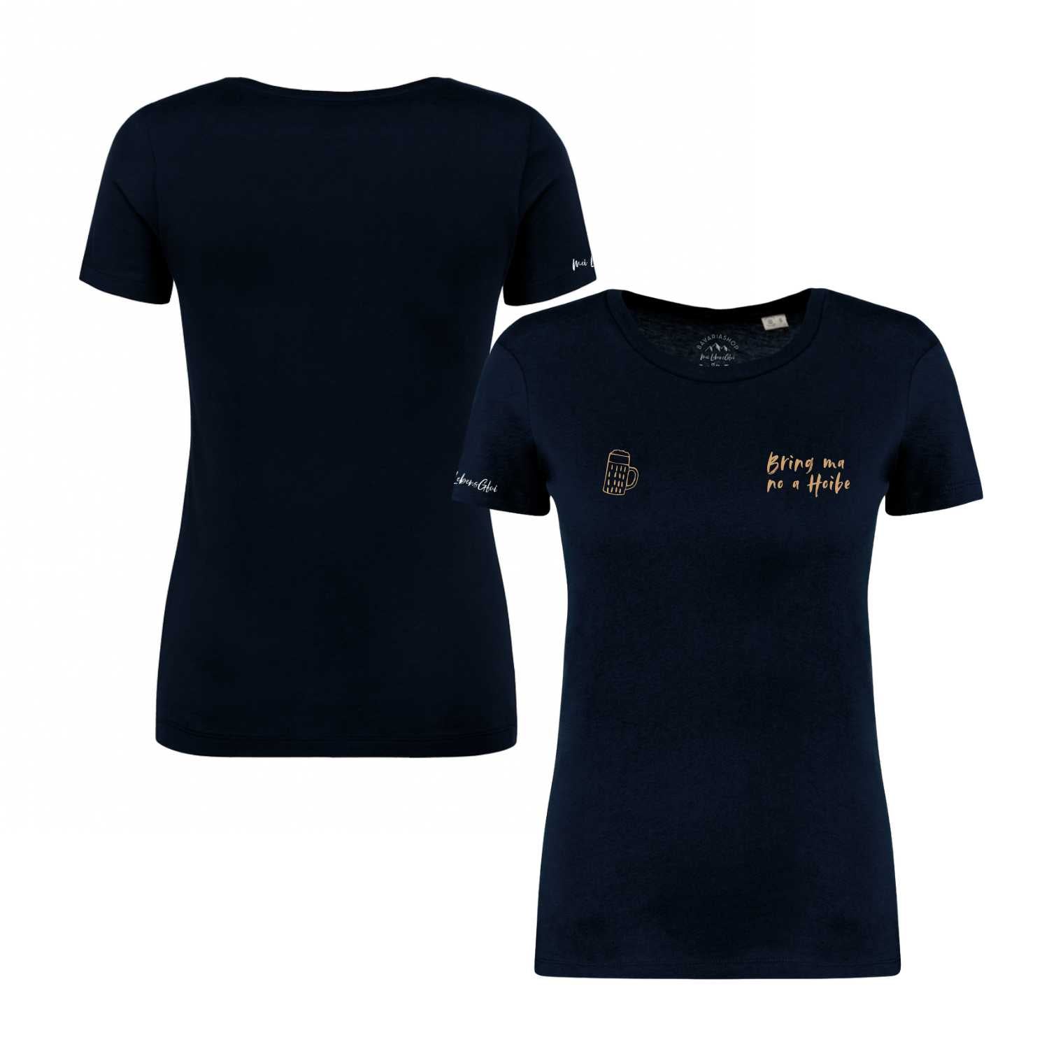 Damen T-Shirt Bring ma no a Hoibe in Dunkelblau mit glänzendem goldfarbenen Bierkrug-Aufdruck und bayerischem Spruch.
