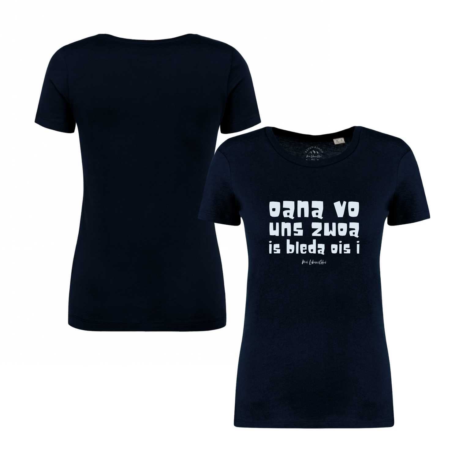 Damen T-Shirt Oana vo uns zwoa in Dunkelblau mit weißem Spruchprint, Vorder- und Rückseitenansicht.
