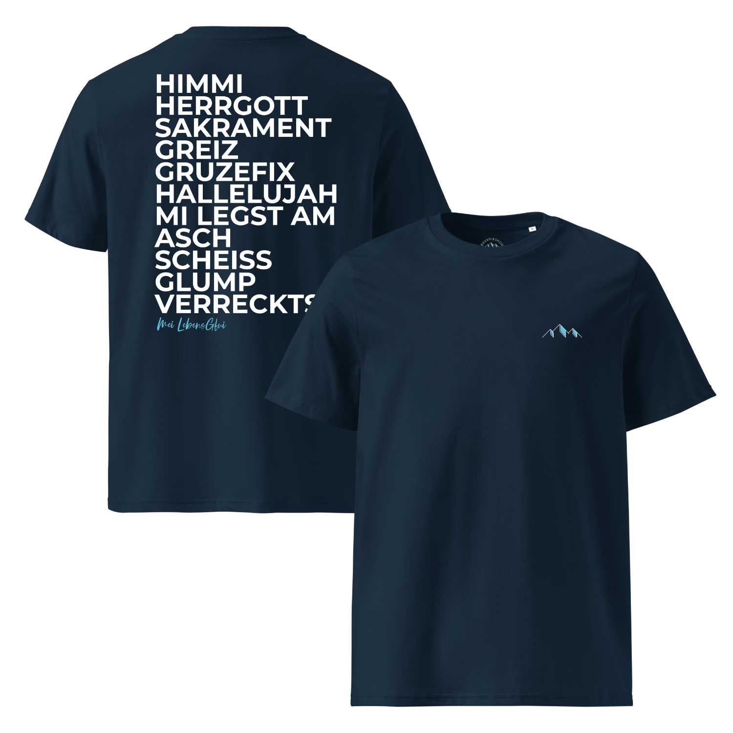 Herren T-Shirt "Himmi Herrgott" in Dunkelblau mit weißem bayerischem Spruch auf dem Rücken und kleinem Bergmotiv vorne.