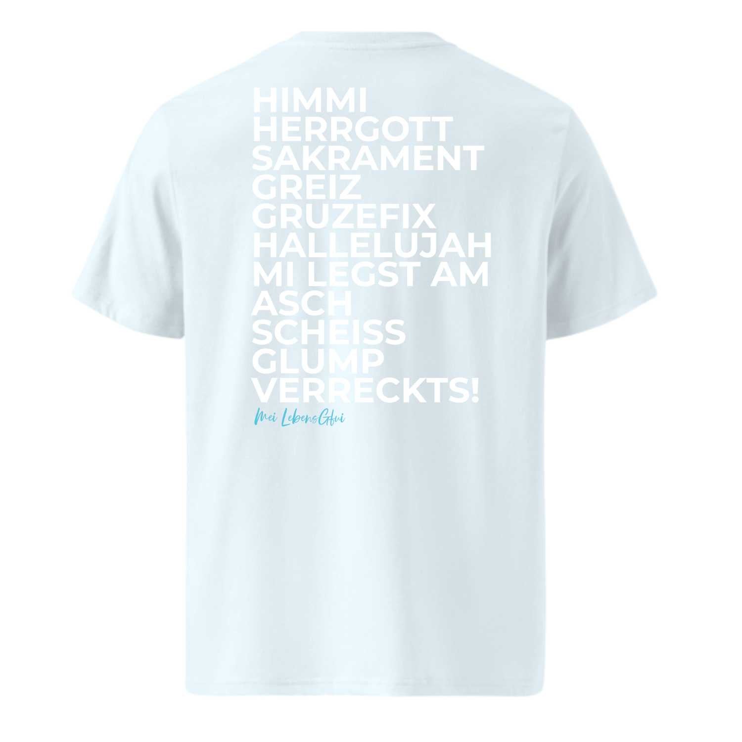 Herren T-Shirt "Himmi Herrgott" weiß mit Schriftzug bayerischer Flüche auf dem Rücken, kurzärmlig.