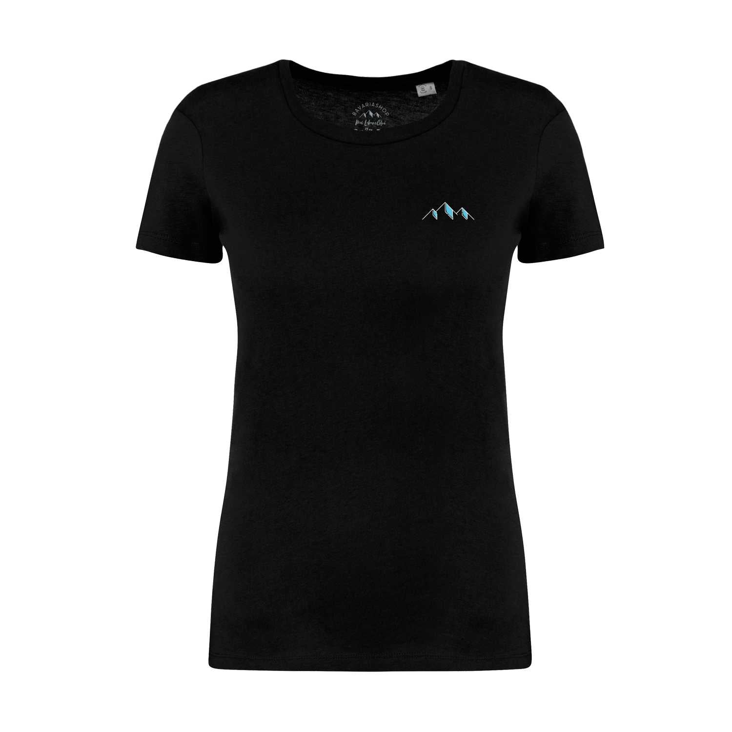 Schwarzes Damen T-Shirt "Himmi Herrgott" mit dezentem, blauem Bergmotiv auf der Brust.