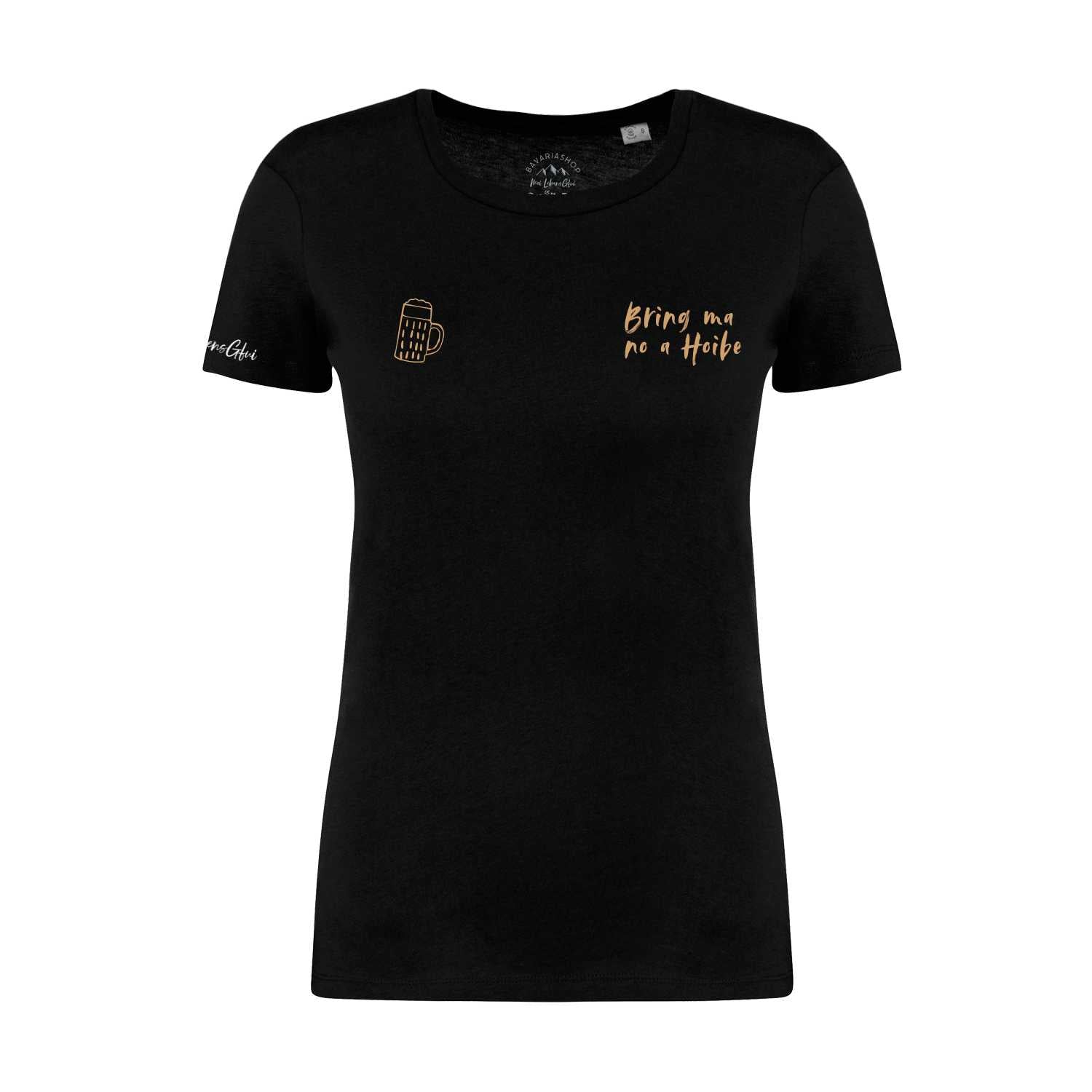 Schwarzes Damen T-Shirt "Bring ma no a Hoibe" mit goldener Bierkrug-Applikation und Schriftzug.