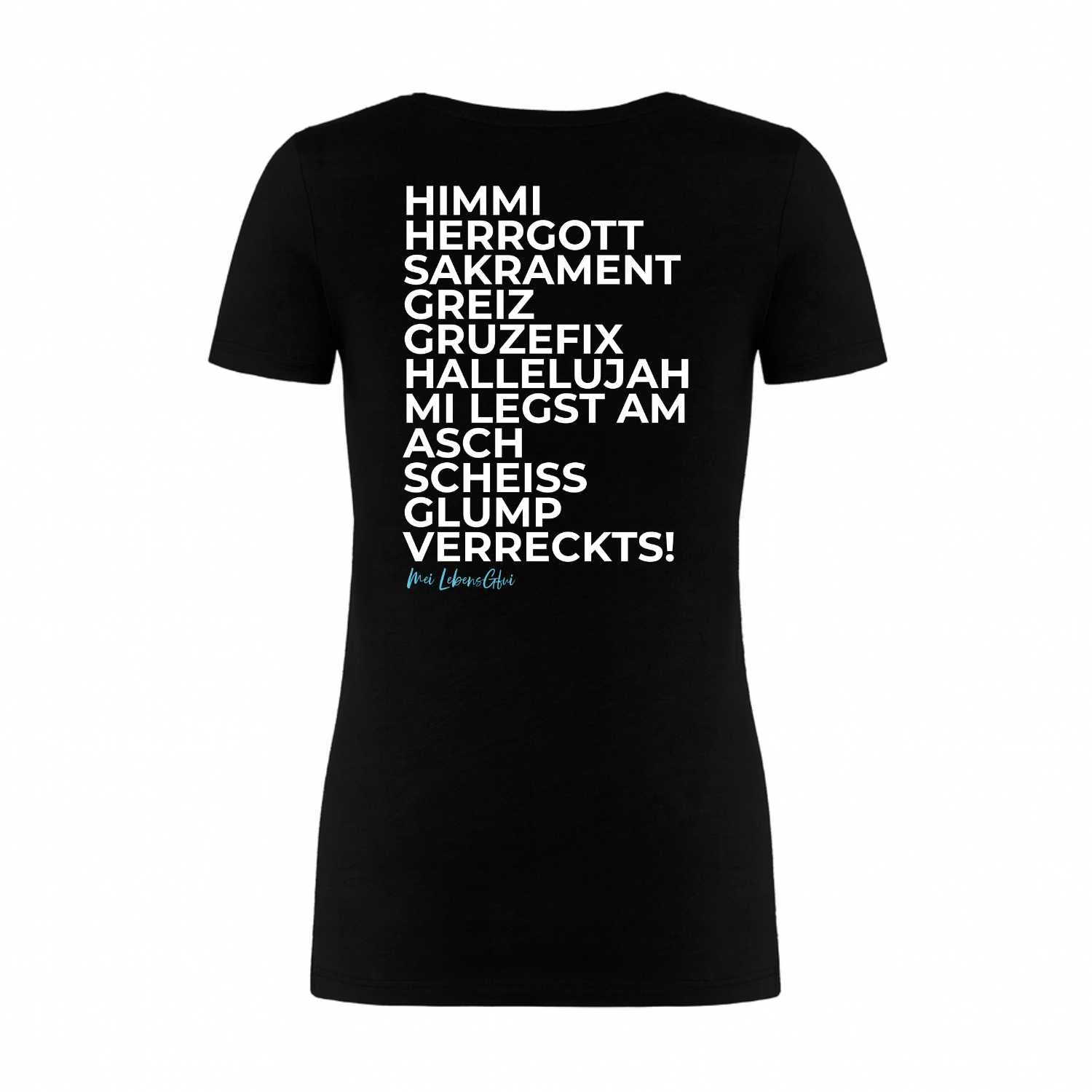 Schwarzes Damen T-Shirt "Himmi Herrgott" mit textlastigem Spruch in weißer Schrift auf dem Rücken.
