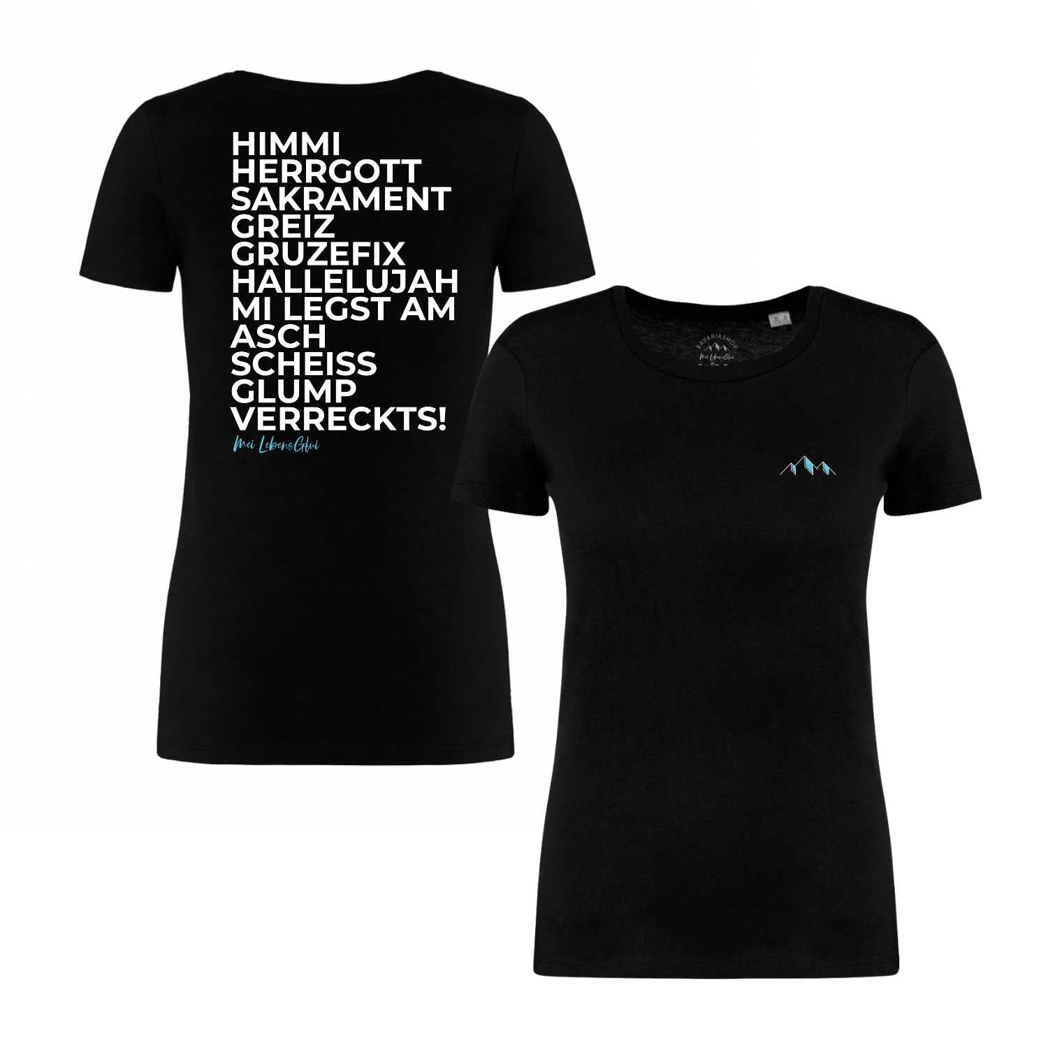 Damen T-Shirt "Himmi Herrgott" in Schwarz mit bayerischem Spruch auf der Rückseite und Berg-Logo auf der Vorderseite.