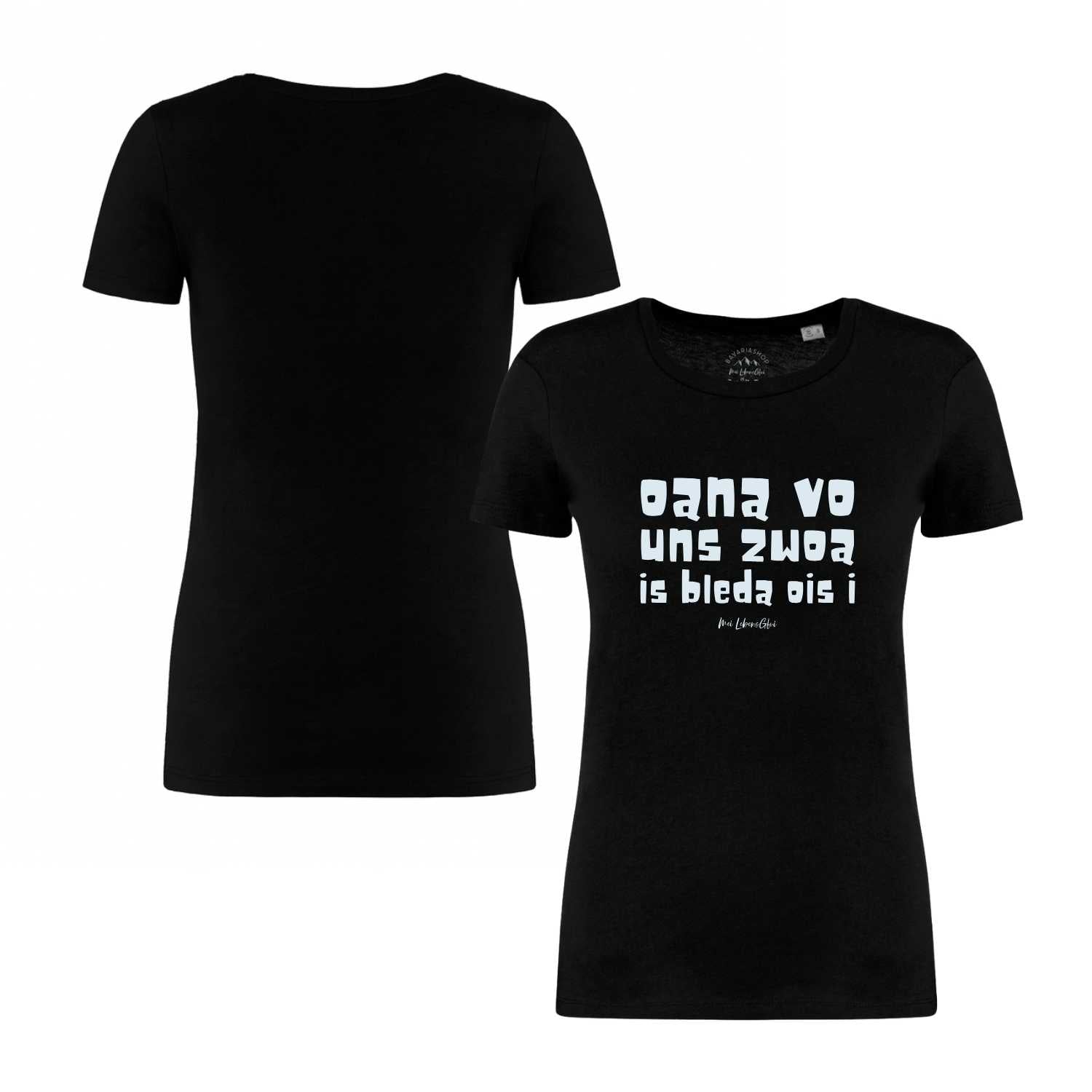 Schwarzes Damen T-Shirt Oana vo uns zwoa mit weißem Spruch und Rundhalsausschnitt, Vorder- und Rückseite.