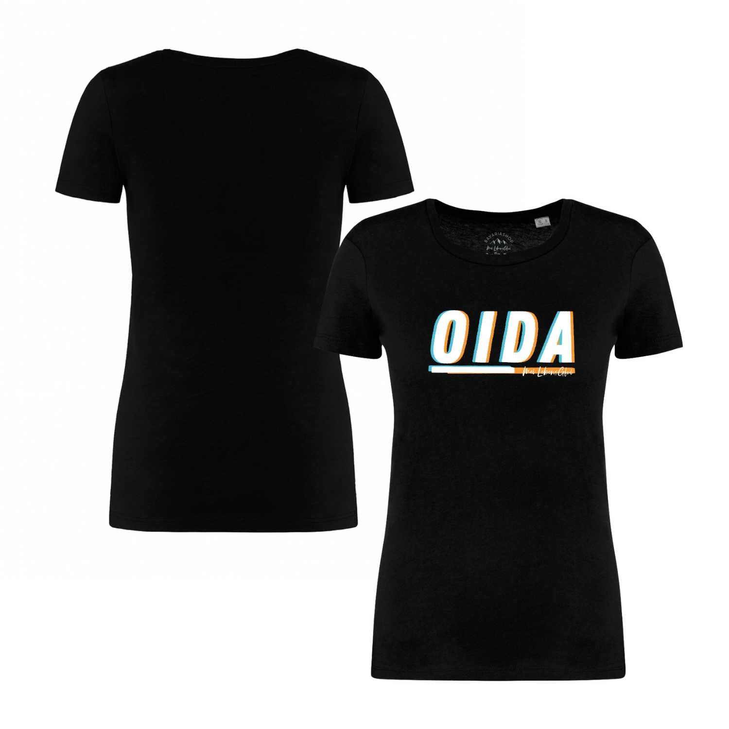Schwarzes Damen T-Shirt Oida mit blau-orangenem 3D-Druck und bayerischem Spruch auf der Brust