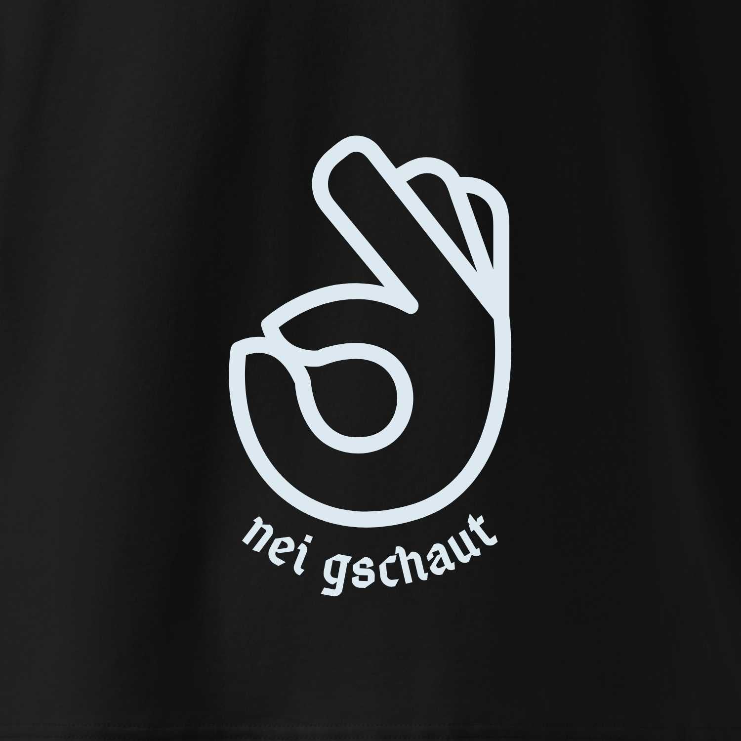 Herren T-Shirt Nei gschaut mit weißem Druck eines Okay-Zeichens und Schriftzug. Schwarzes Shirt mit lustigem Motiv.