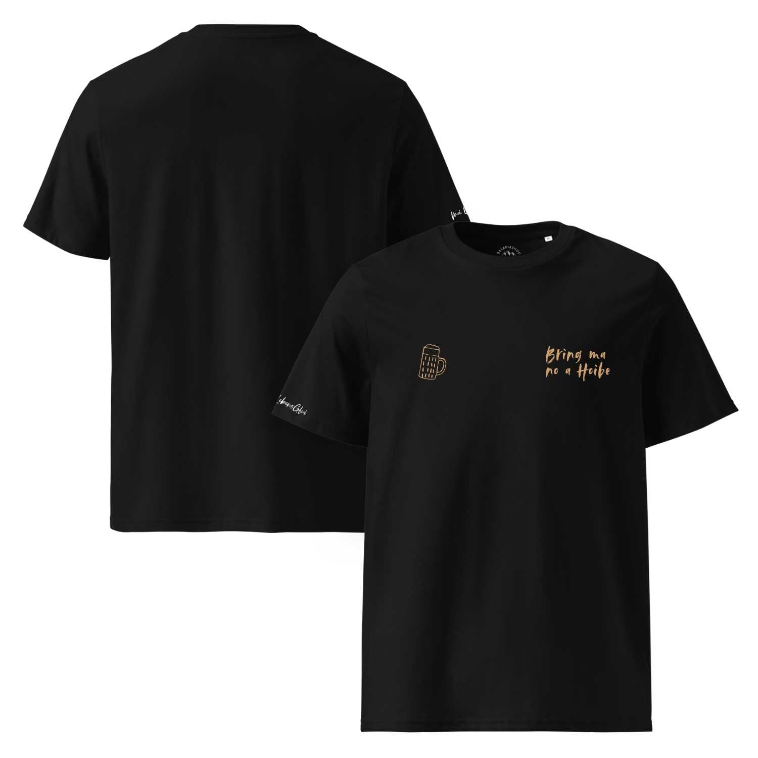 Schwarzes Herren T-Shirt Bring ma no a Hoibe mit goldenem Maas-Motiv und Schriftzug, Vorder- und Rückansicht.