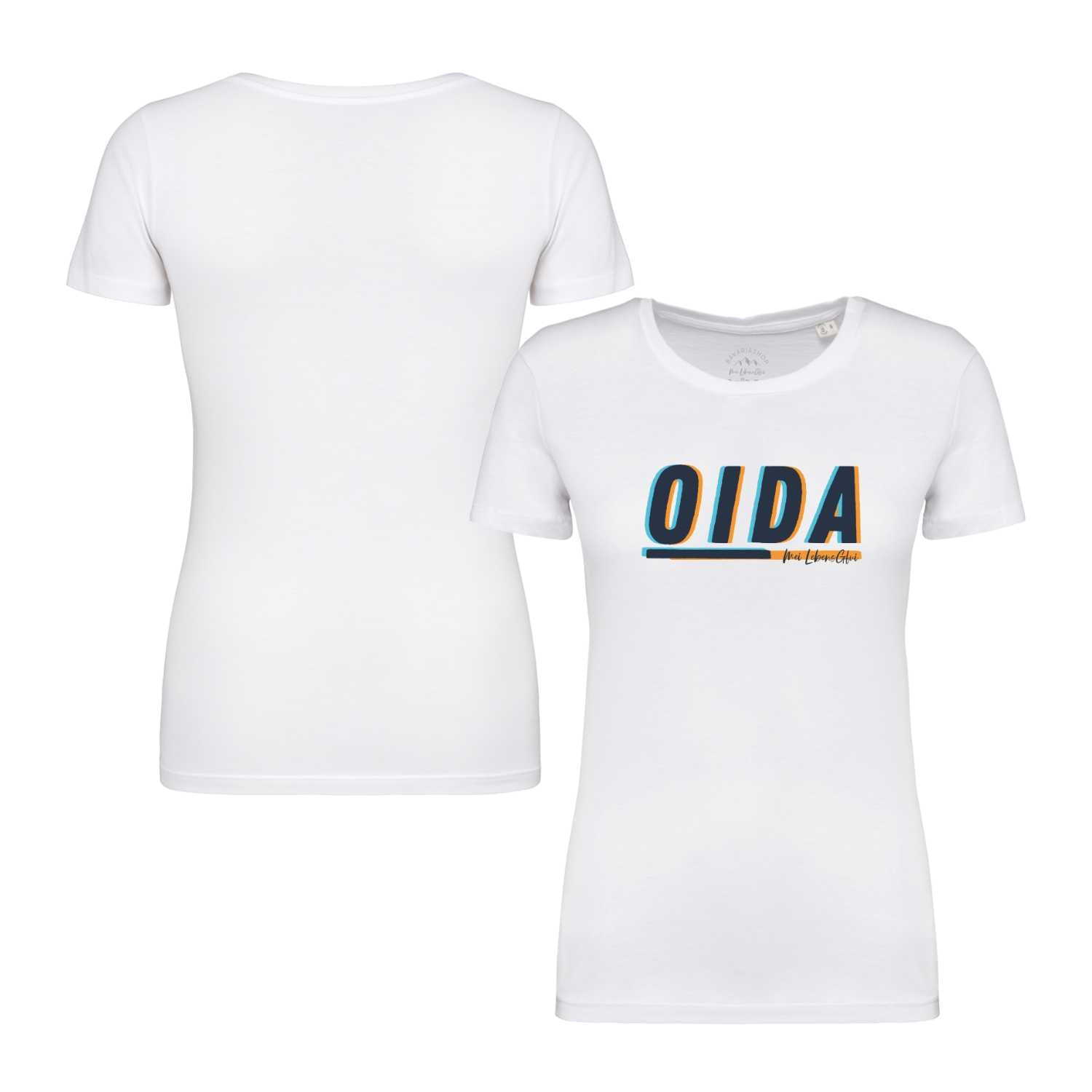 Weißes Damen T-Shirt "Oida" mit blau-orangefarbenem 3D-Schriftzug auf der Vorderseite, Rückansicht daneben.