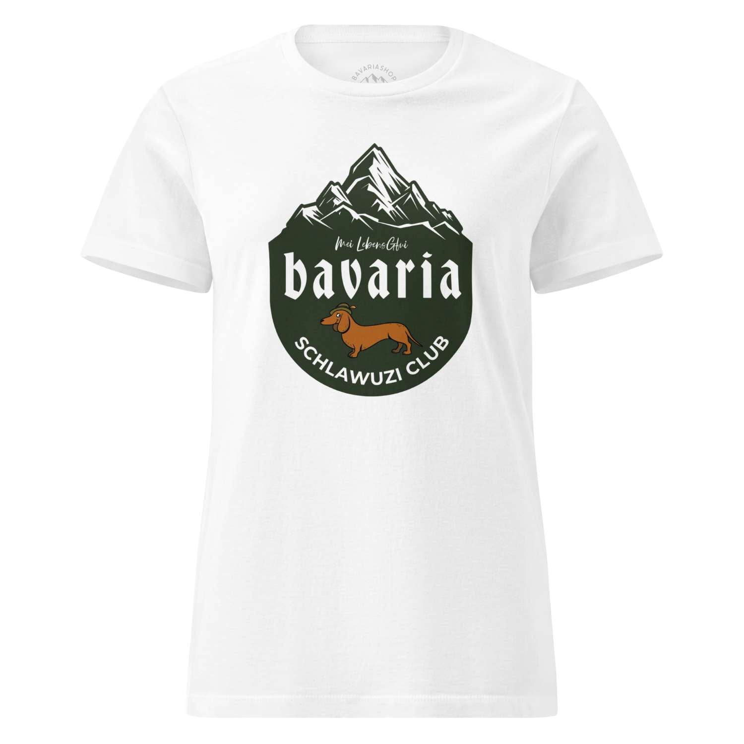 Weißes Damen T-Shirt Bavaria Schlawuzi Club mit dunkelgrünem Berg- und Dackelmotiv im bayerischen Stil.