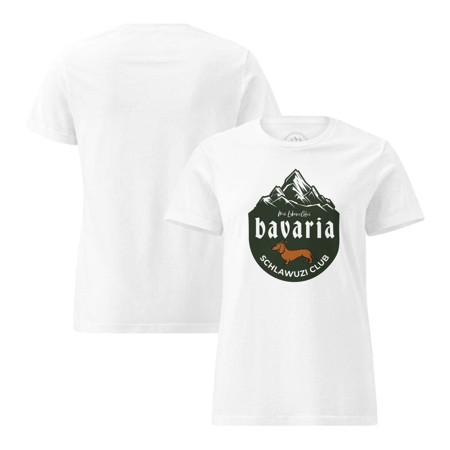 Weißes Damen T-Shirt "Bavaria Schlawuzi Club" mit bayerischem Logo und Dackel Motiv, Vorder- und Rückseite.