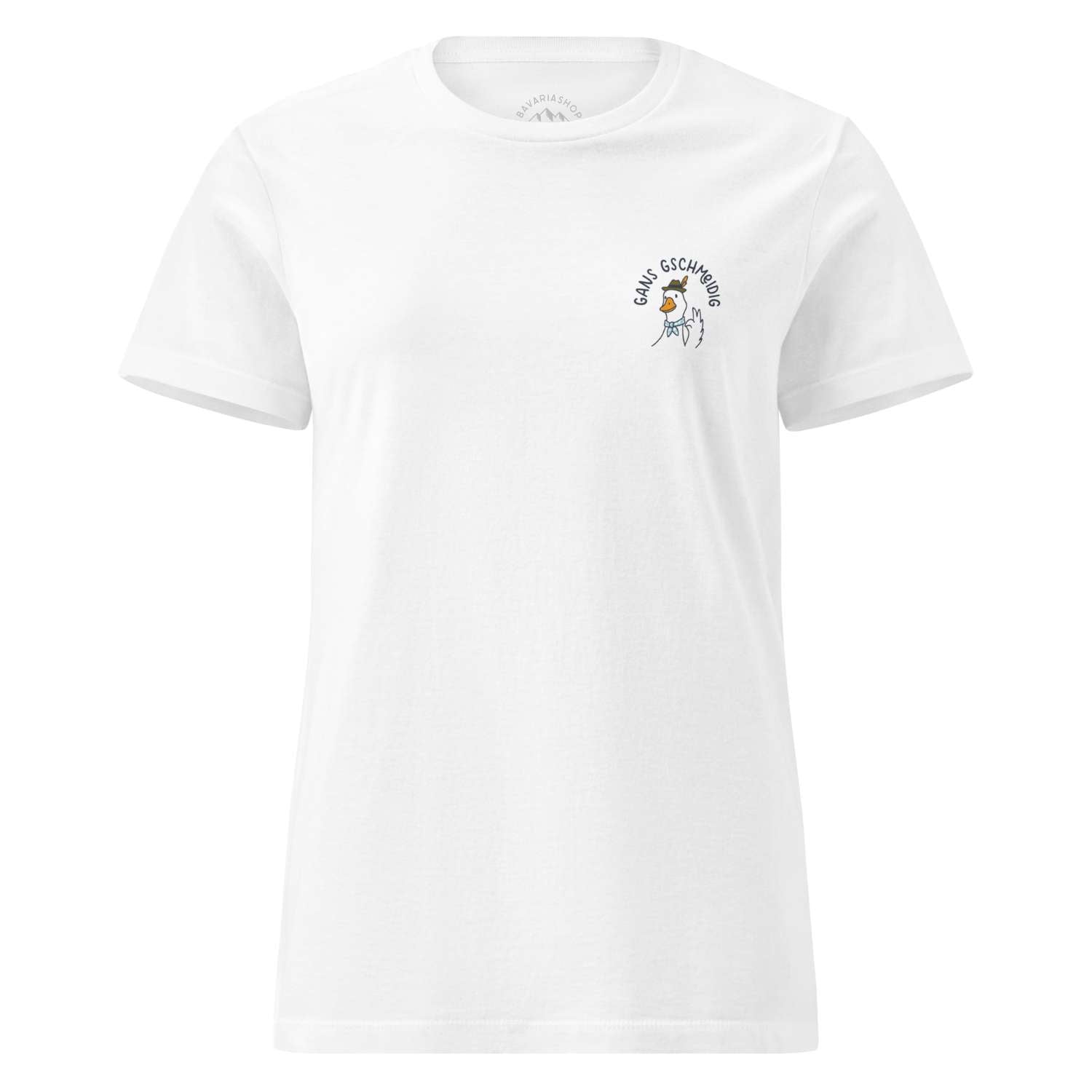 Damen T-Shirt Gans gschmeidig in Weiß mit kleinem, bayerischem Gänsemotiv und Schriftzug