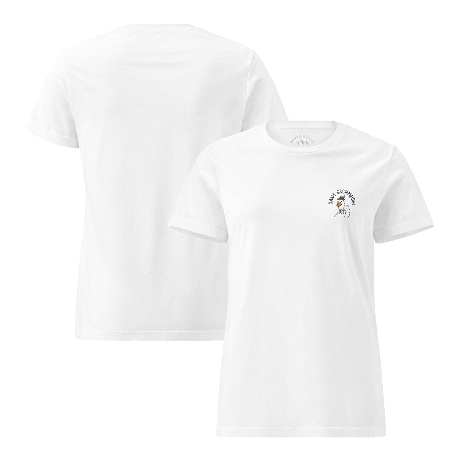 Weißes Damen T-Shirt "Gans gschmeidig" mit kleinem, farbigem Gänsemotiv auf der Brust und Schriftzug.