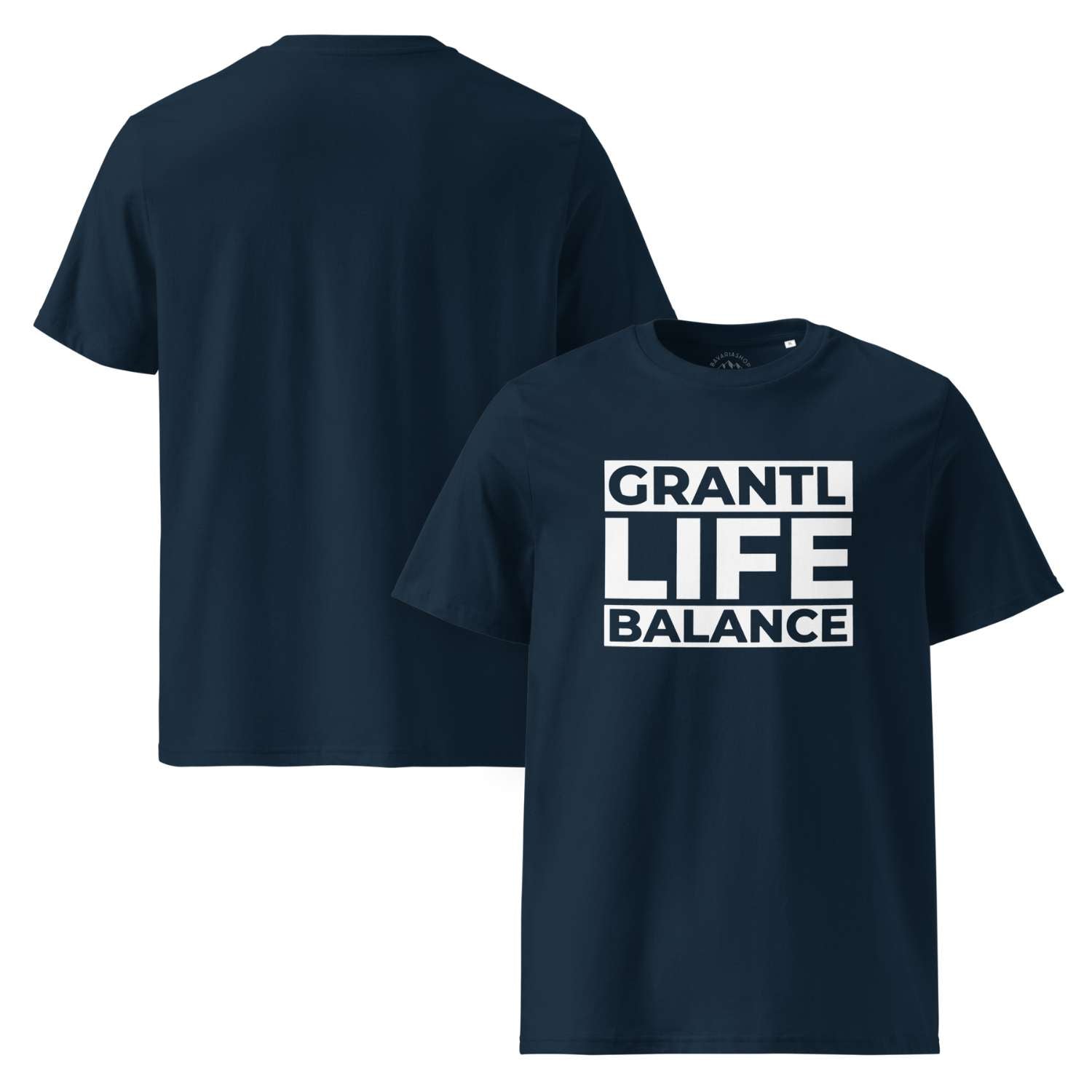 Dunkelblaues Herren T-Shirt Grantl Life Balance mit weißem Schriftzug, Vorder- und Rückseite auf weißem Hintergrund.