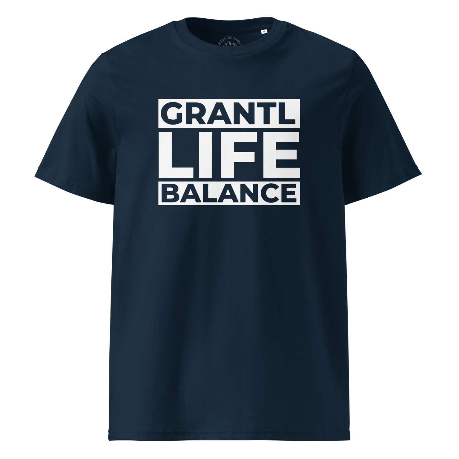 Dunkelblaues Herren T-Shirt "Grantl Life Balance" mit weißem Schriftzug in fettgedruckten Großbuchstaben.