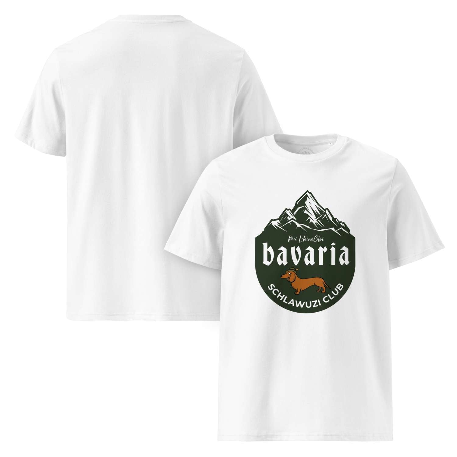 Herren T-Shirt Bavaria Schlawuzi Club weiß, mit Schlawuzi Club Logo, Dackel und Alpenmotiv auf der Brust.