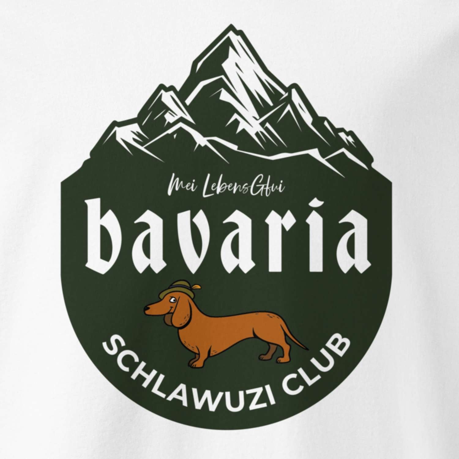 Herren T-Shirt Bavaria Schlawuzi Club mit dunkelgrünem Design, Alpenmotiv, Bayern Schriftzug und Dackel mit Hut.