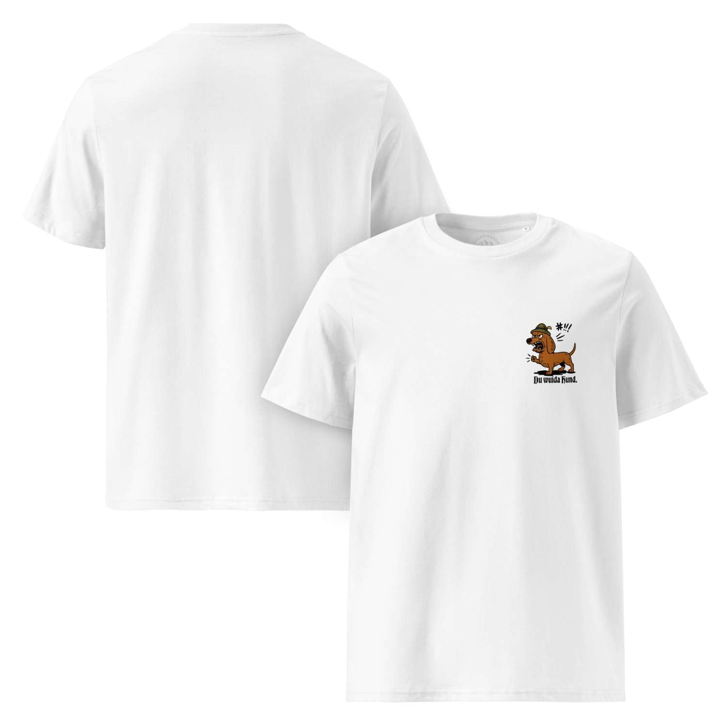 Herren T-Shirt Du wuida Hund in Weiß, vorne mit wütendem Dackel und Jägerhut, Rückseite schlicht.