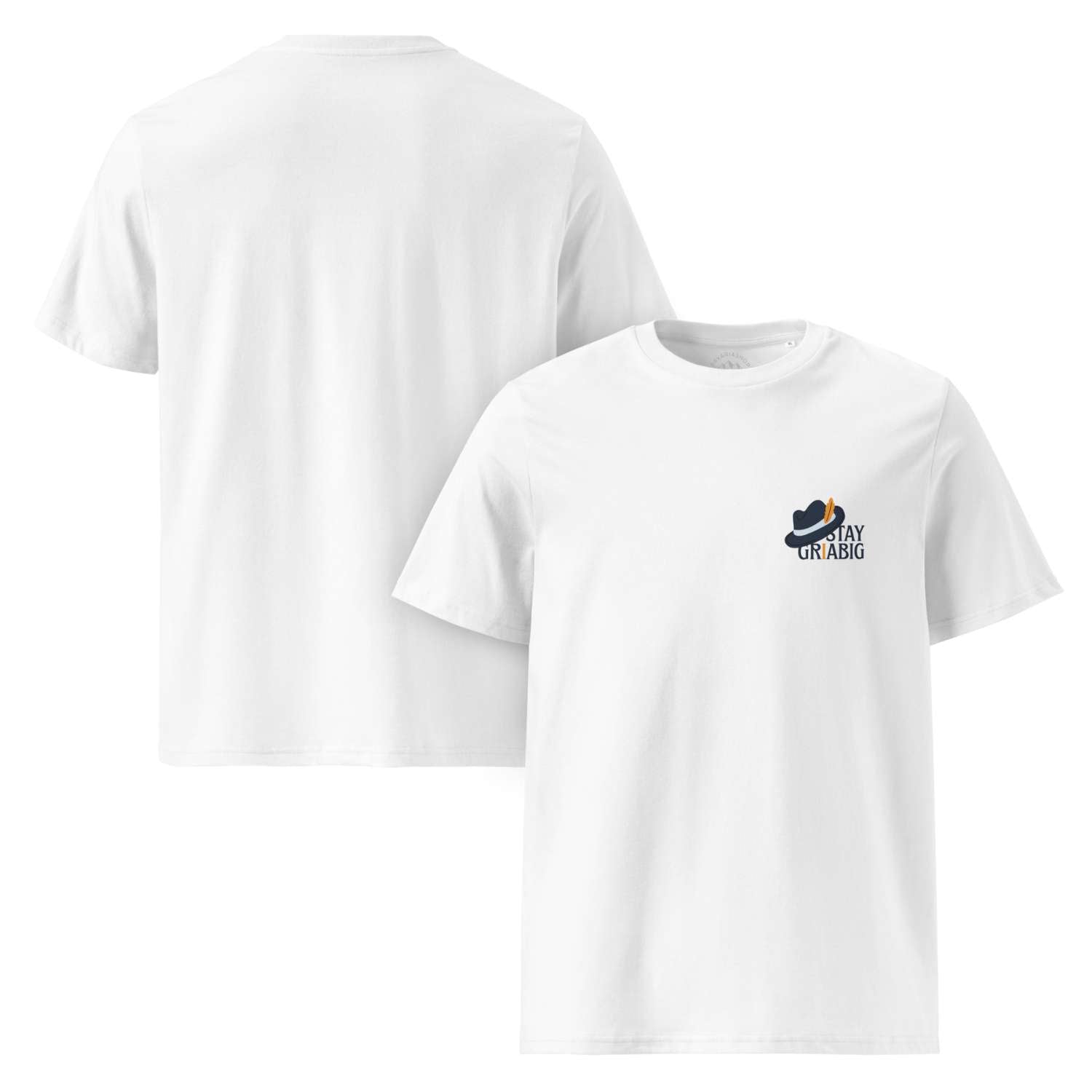 Weißes Herren T-Shirt "Stay Griabig" vorne mit kleinem Hut-Logo, hinten unifarben.