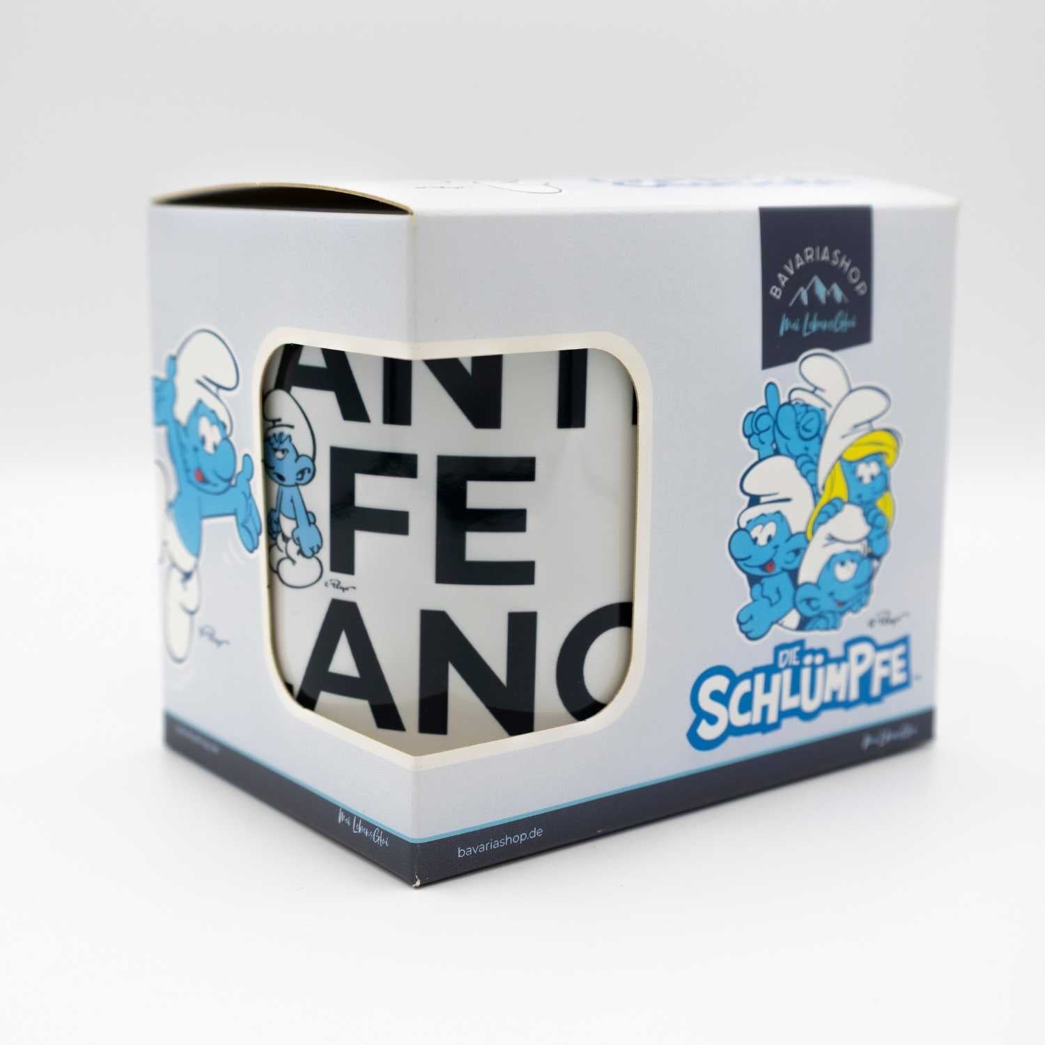 Die Schlümpfe Tasse Grantl life balance in Geschenkverpackung, blaue Schlumpf-Figuren zieren die Box.