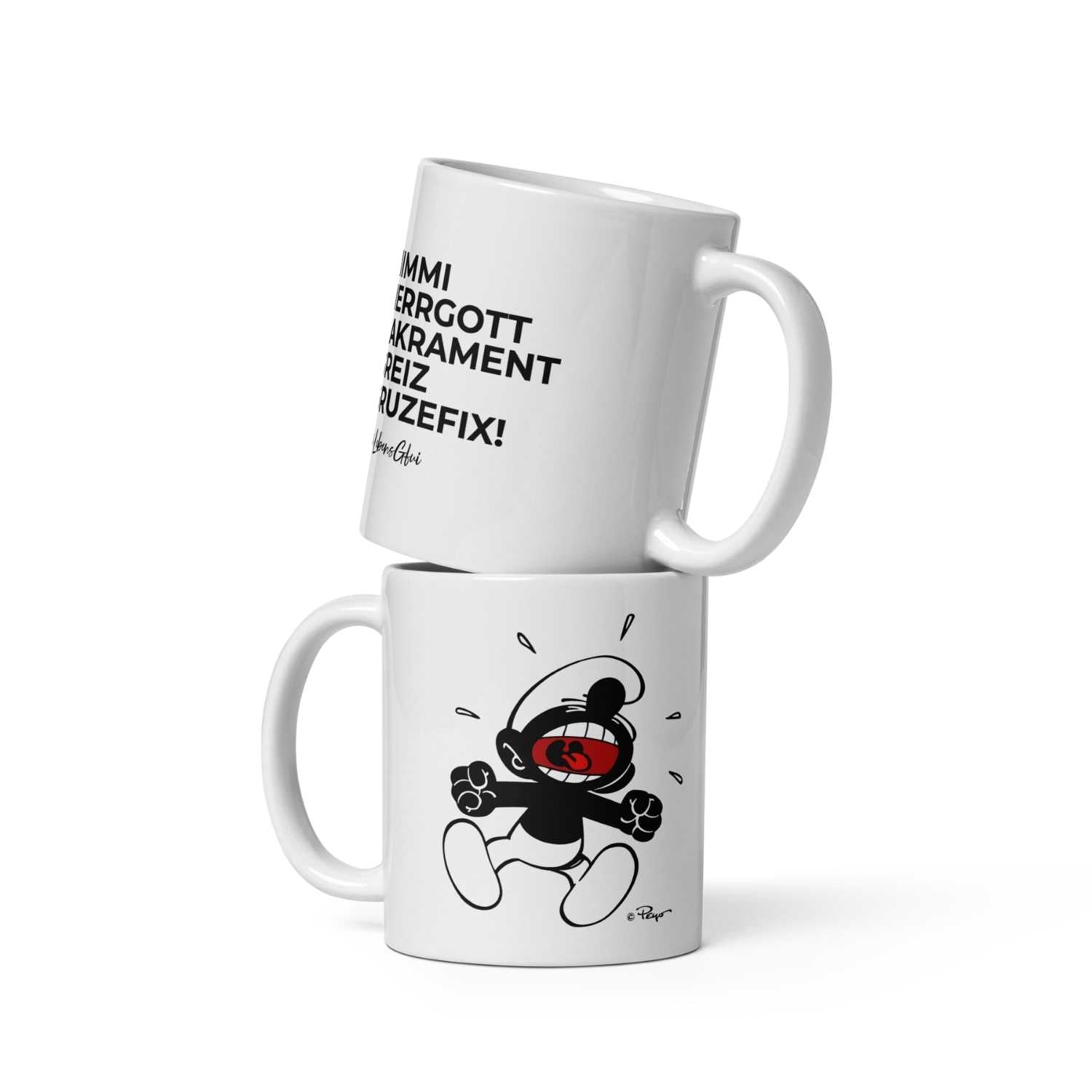 Schlümpfe Tasse "Himme Herrgott" mit fluchendem Schlumpf-Motiv und Giffey-Schriftzug, übereinander gestapelt
