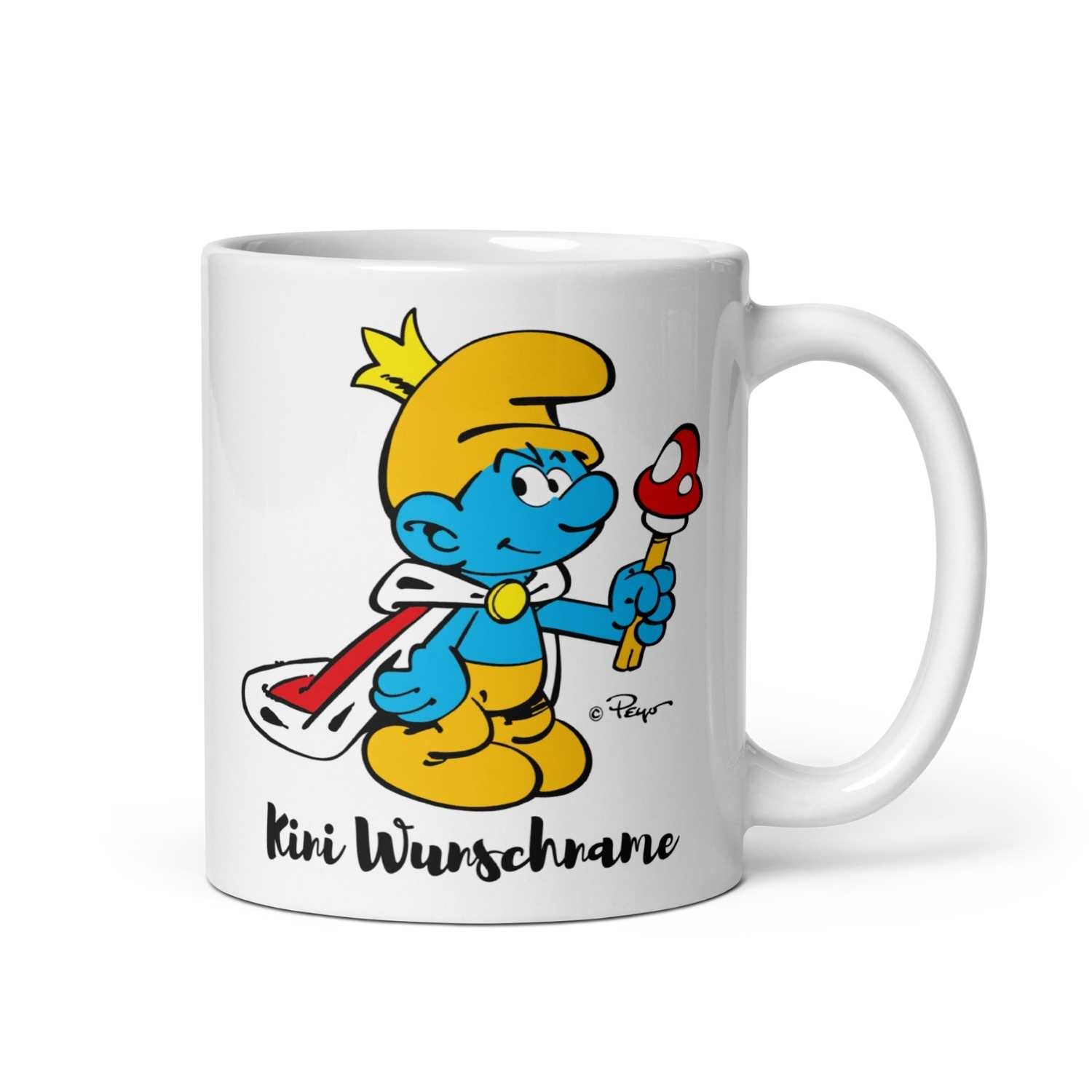 Weiße Schlümpfe Tasse "Kini" personalisiert mit Bild eines Schlümpfes als König und Wunschname