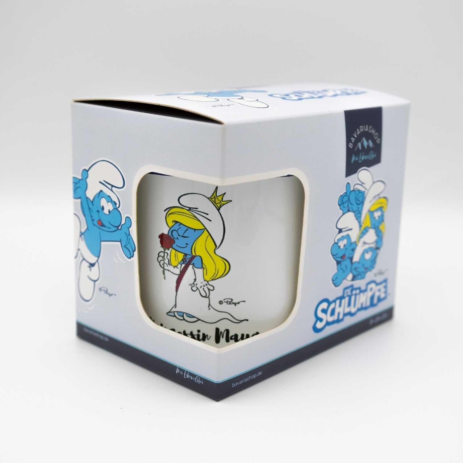 ®Die Schlümpfe Tasse "Prinzessin" personalisiert in Geschenkbox mit Schlumpfine-Motiv und roter Rose.