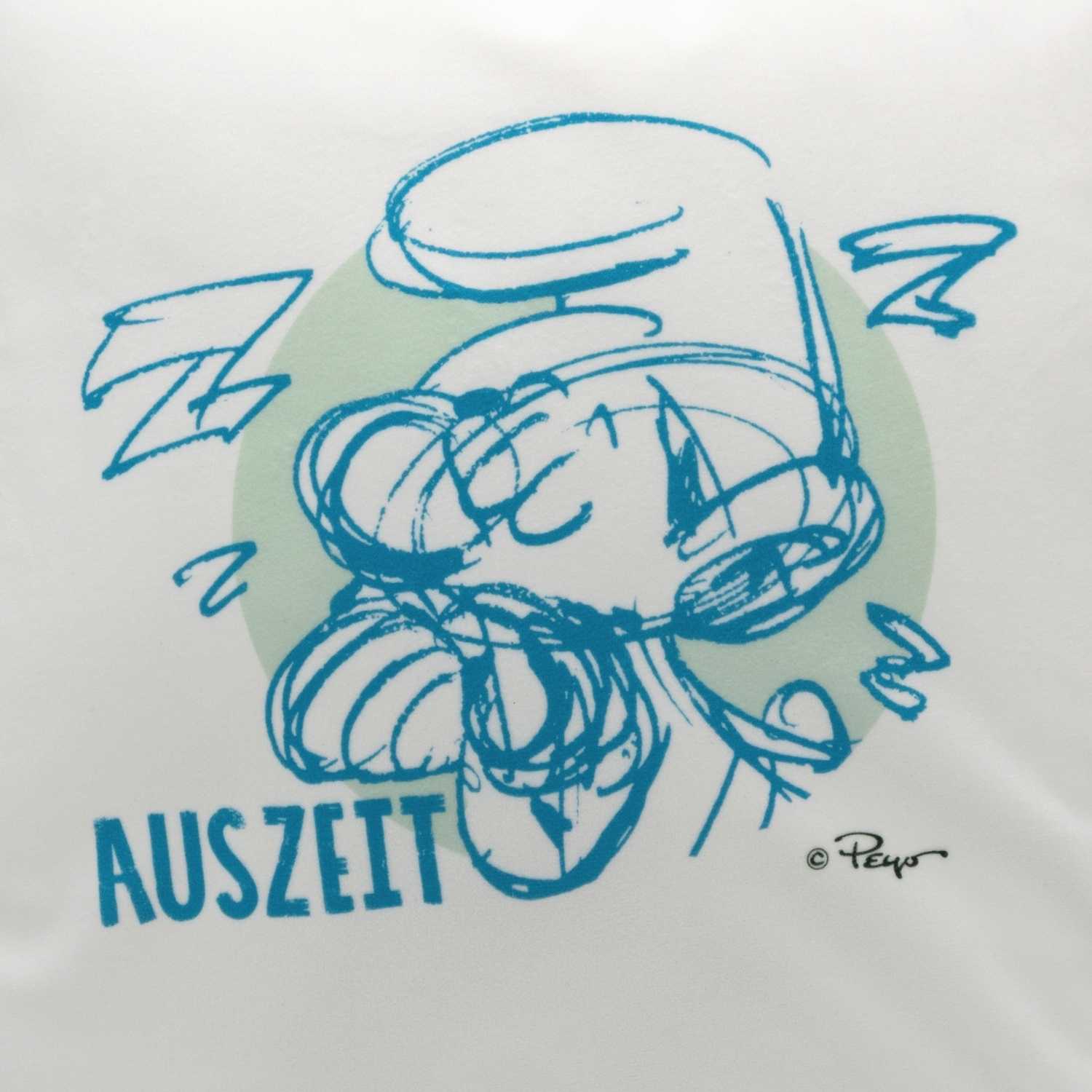 Weißes ®Die Schlümpfe Auszeit Kuschelkissen mit Skizzen-Motiv eines schlafenden Schlumpfes und Schriftzug Auszeit.