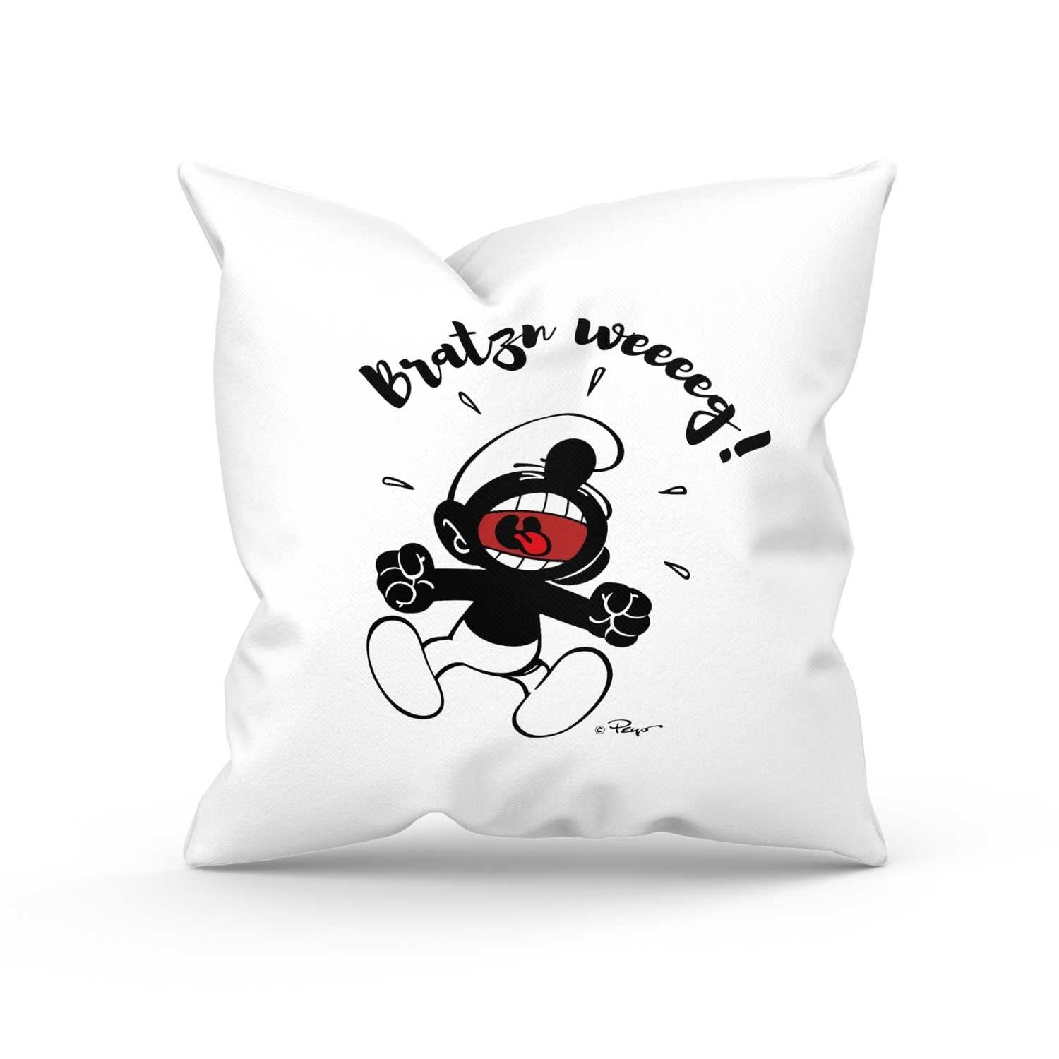 Die Schlümpfe Bratzn weeeeg! Kuschelkissen weiß mit wütendem Schlumpf-Motiv und Schriftzug