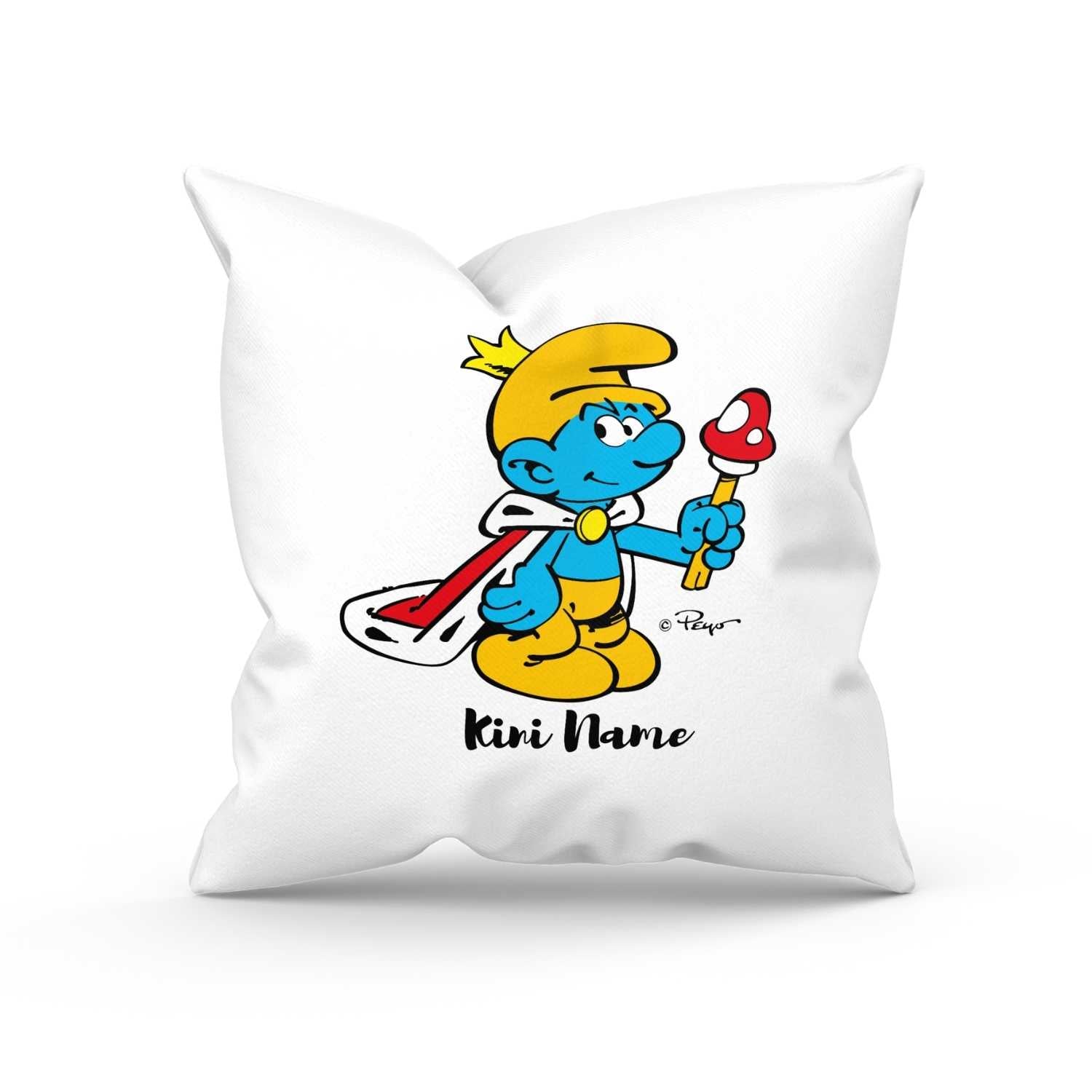 Personalisiertes Schlümpfe Kini Kuschelkissen mit "Kini" Schlumpf Motiv und Platz für einen Namen, weißer Hintergrund.