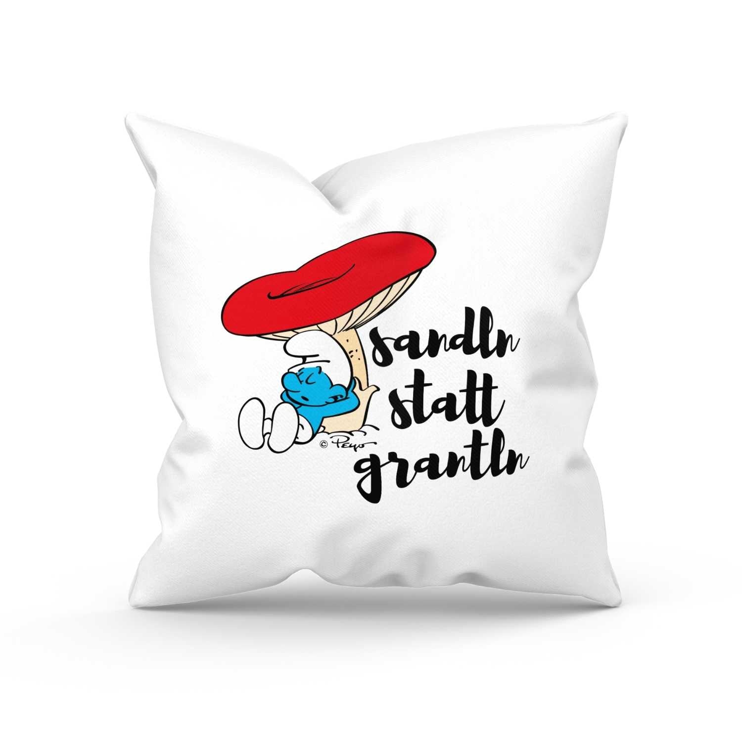 ®Die Schlümpfe Sandln statt grantln Kuschelkissen, weiß, mit Schlumpf unter rotem Pilz und Schriftzug