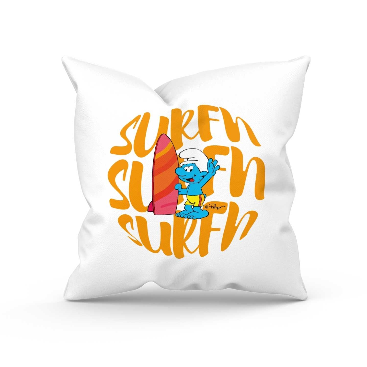 ®Die Schlümpfe Surfn Kuschelkissen mit surfendem Schlumpf, rotem Board und gelbem Surfen-Schriftzug.