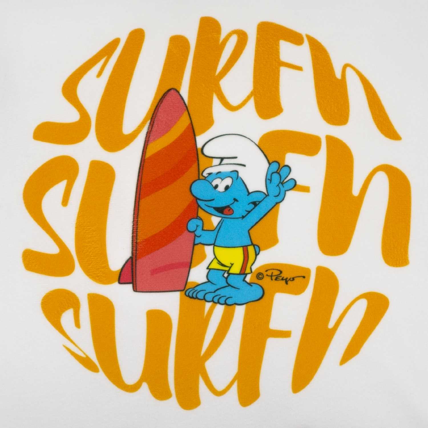 Die Schlümpfe "Surfn" Kuschelkissen Motiv: Surfer Schlumpf mit Surfbrett und dem Schriftzug "Surfn".