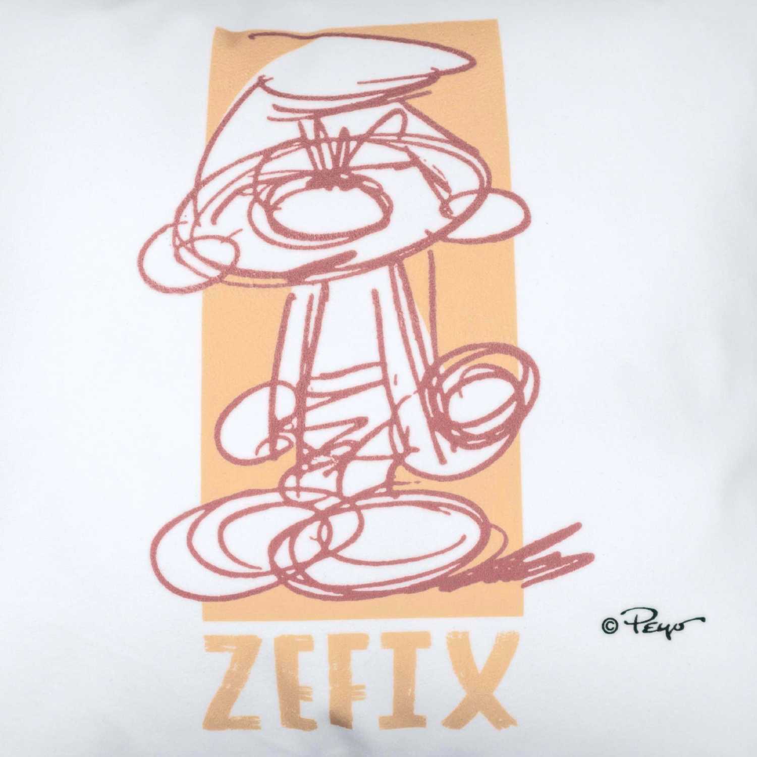 Schlumpf "Zefix" Kuschelkissen mit stilisiertem Schlumpf-Sketch auf beigem Hintergrund und Schriftzug.