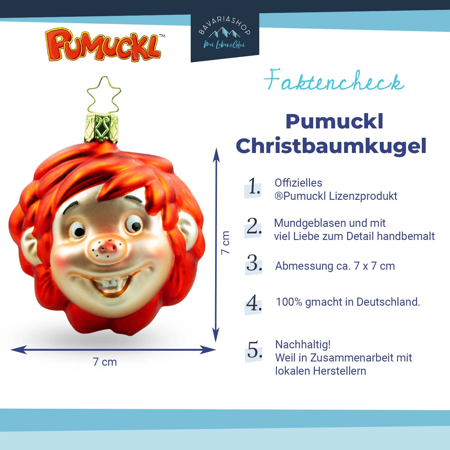 Detailreiche Pumuckl Weihnachtskugel aus Glas, mundgeblasen und handbemalt, mit rotem Haar.