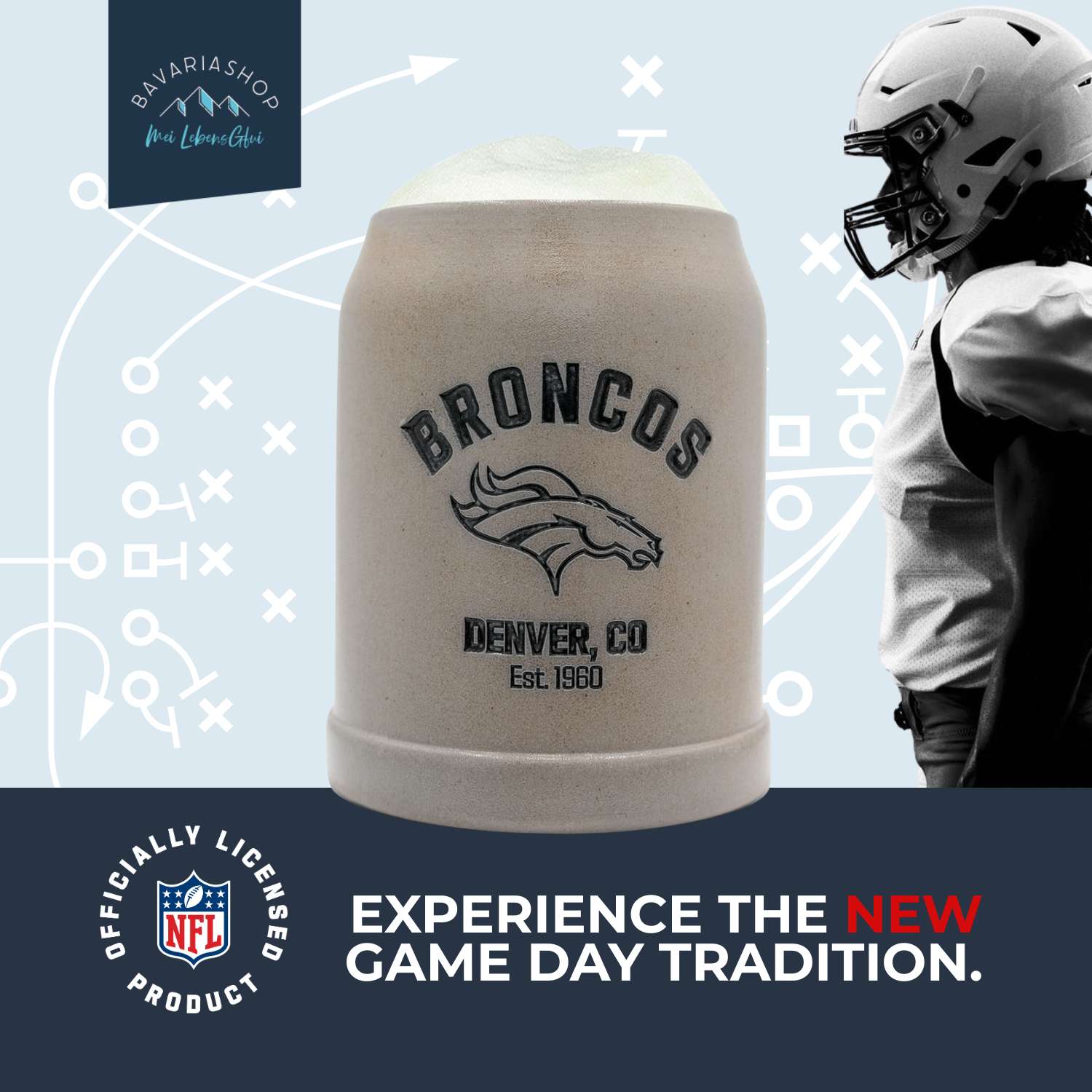 NFL PREMIUM Teamkrug Denver Broncos aus Steinzeug, gefüllt mit Schaum, neben einem Footballspieler.